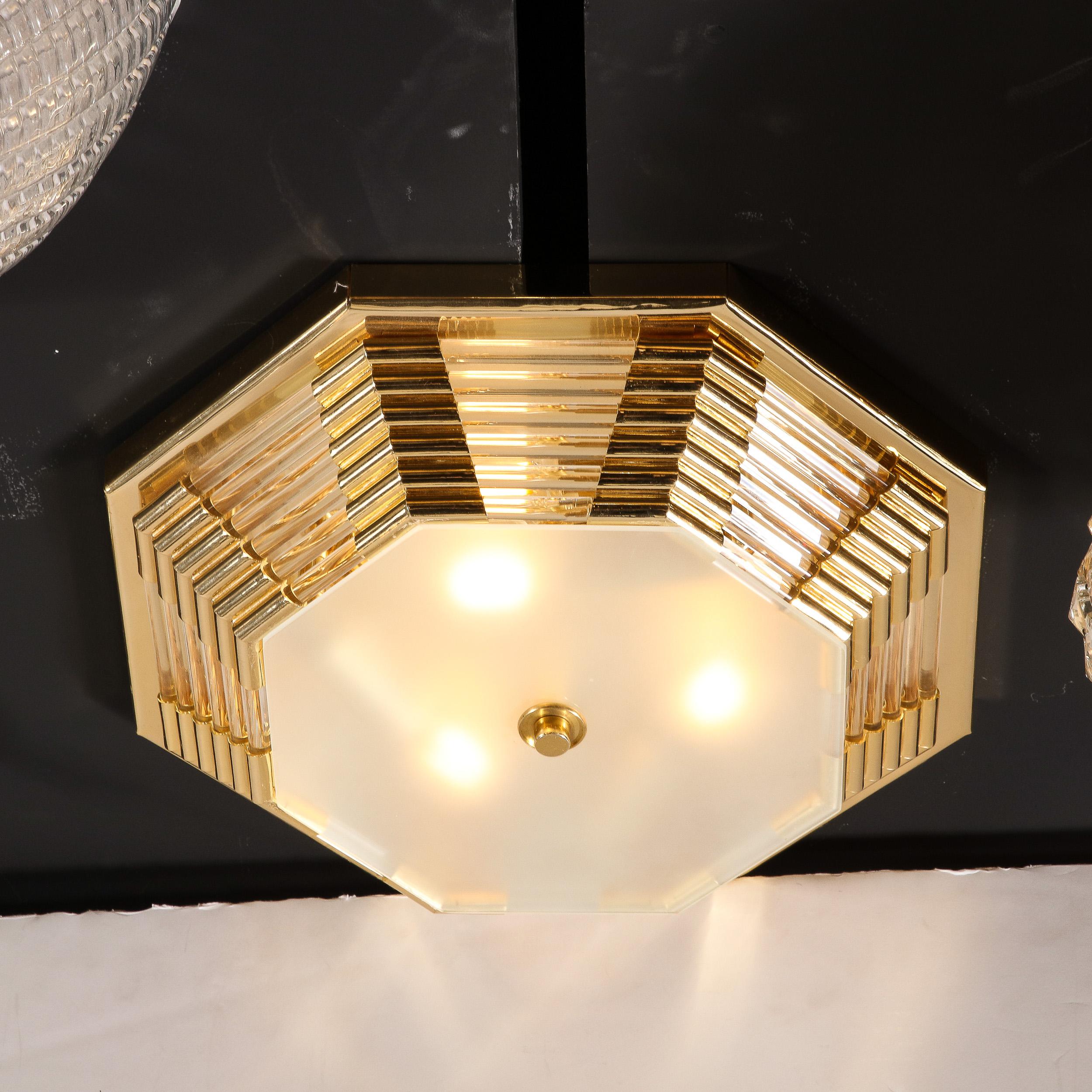 Modernist Octagonal Brass w/ Glass Rods & Frosted Shade Flush Mount Chandelier In Excellent Condition For Sale In New York, NY
