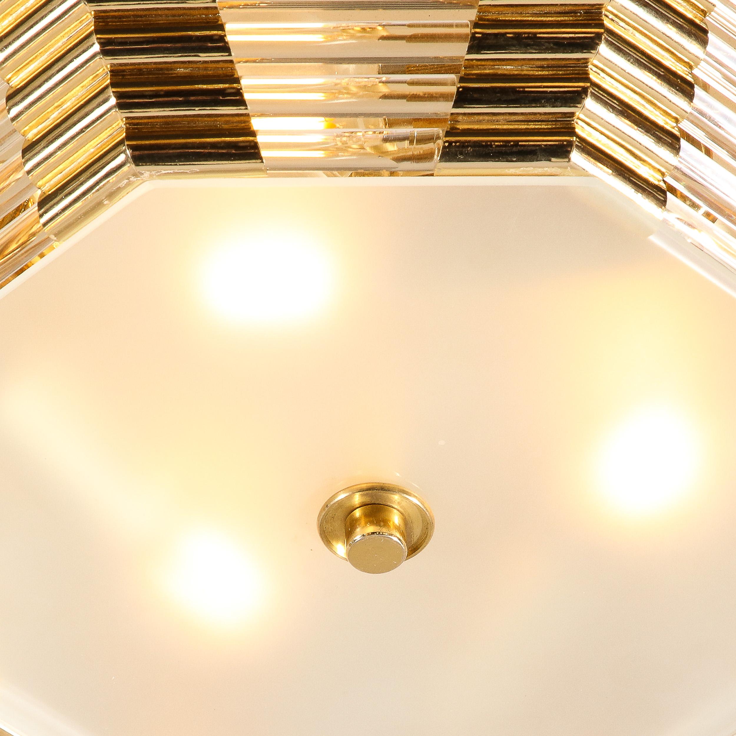 Modernist Octagonal Brass w/ Glass Rods & Frosted Shade Flush Mount Chandelier For Sale 2
