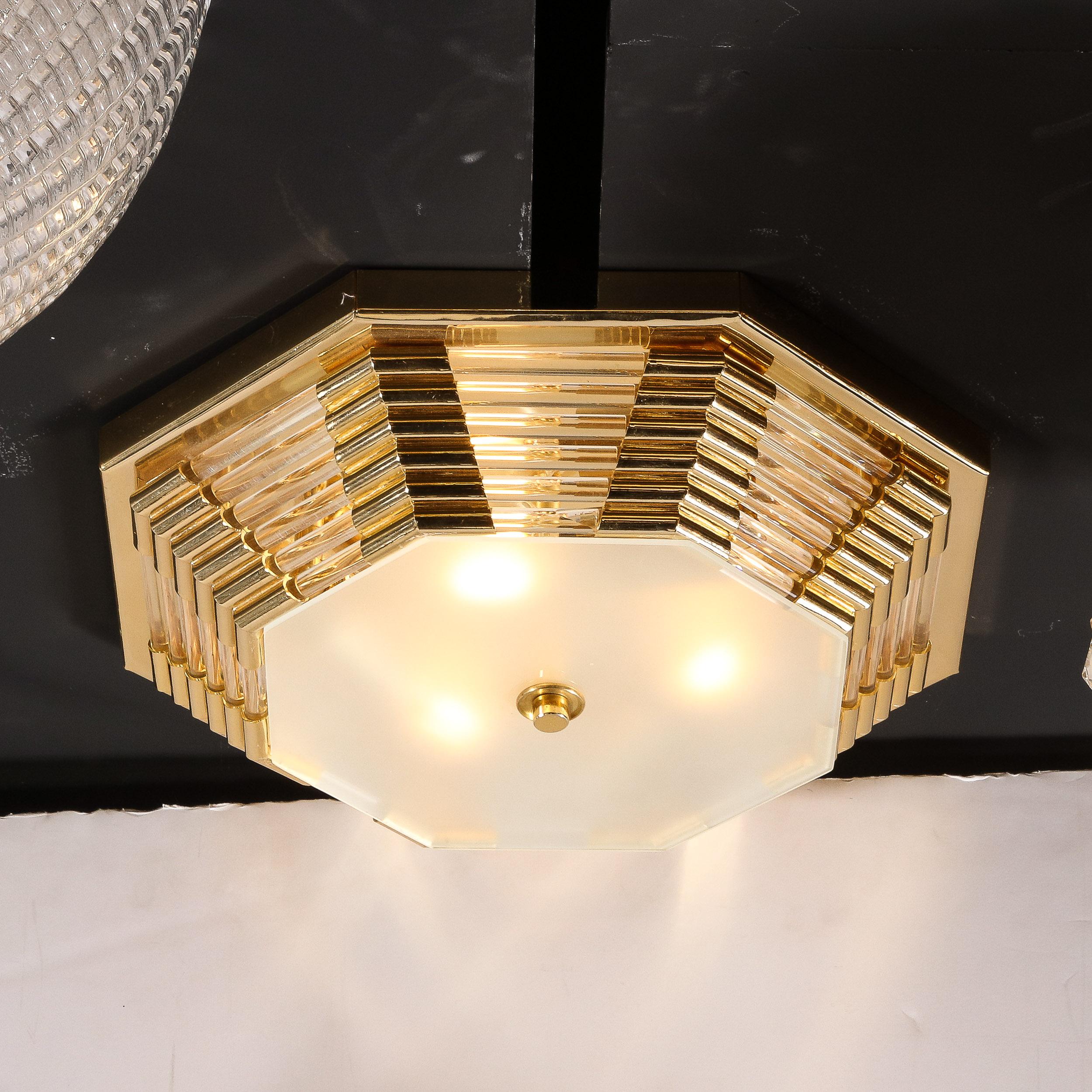 Modernist Octagonal Brass w/ Glass Rods & Frosted Shade Flush Mount Chandelier For Sale 3
