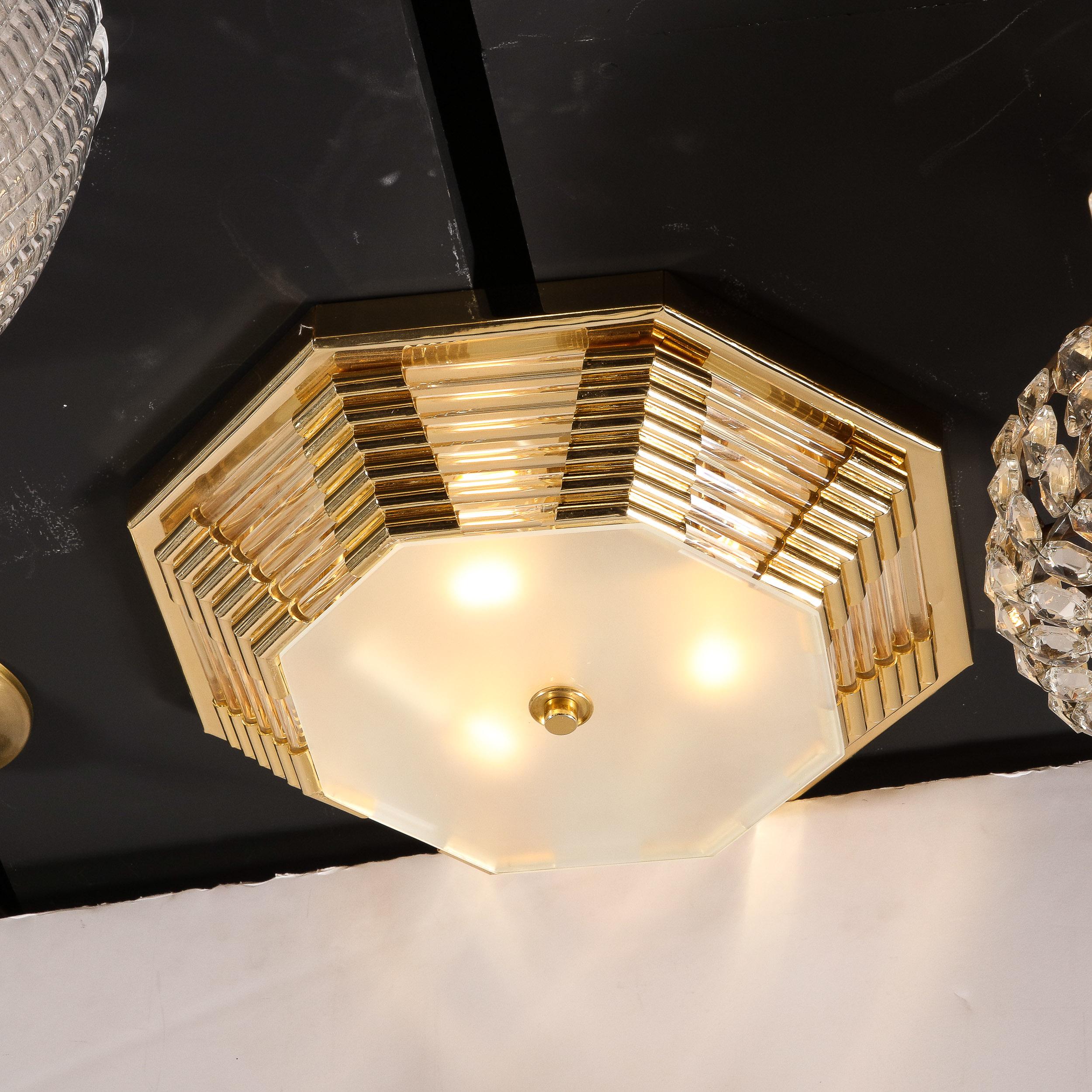 Modernist Octagonal Brass w/ Glass Rods & Frosted Shade Flush Mount Chandelier For Sale 4