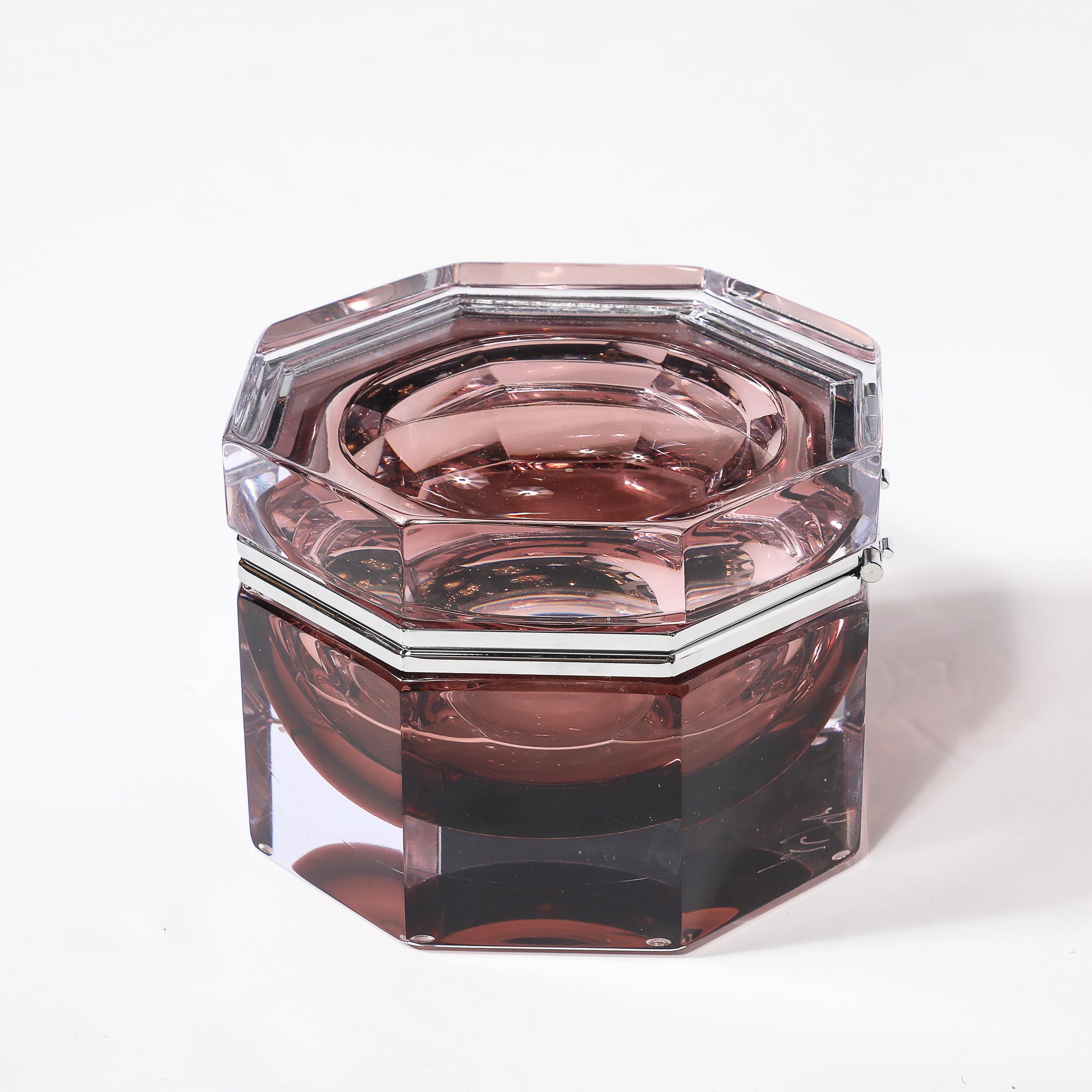 Boîte octogonale moderniste en verre de Murano soufflé à la main en rose fumé avec nickel poli en vente 3