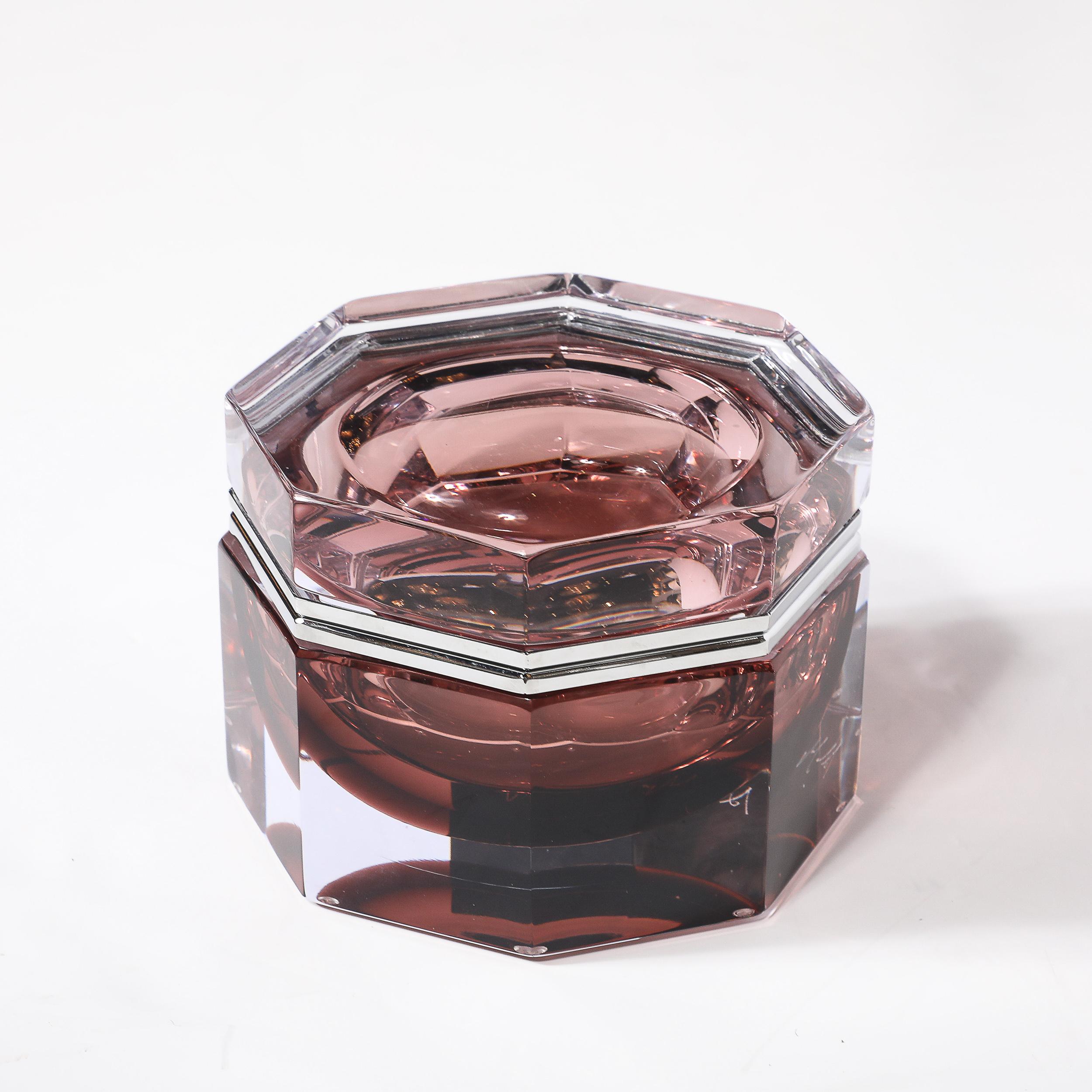 Boîte octogonale moderniste en verre de Murano soufflé à la main en rose fumé avec nickel poli en vente 4