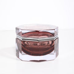 Caja octogonal modernista de cristal de Murano soplado a mano en rosa ahumado con níquel pulido