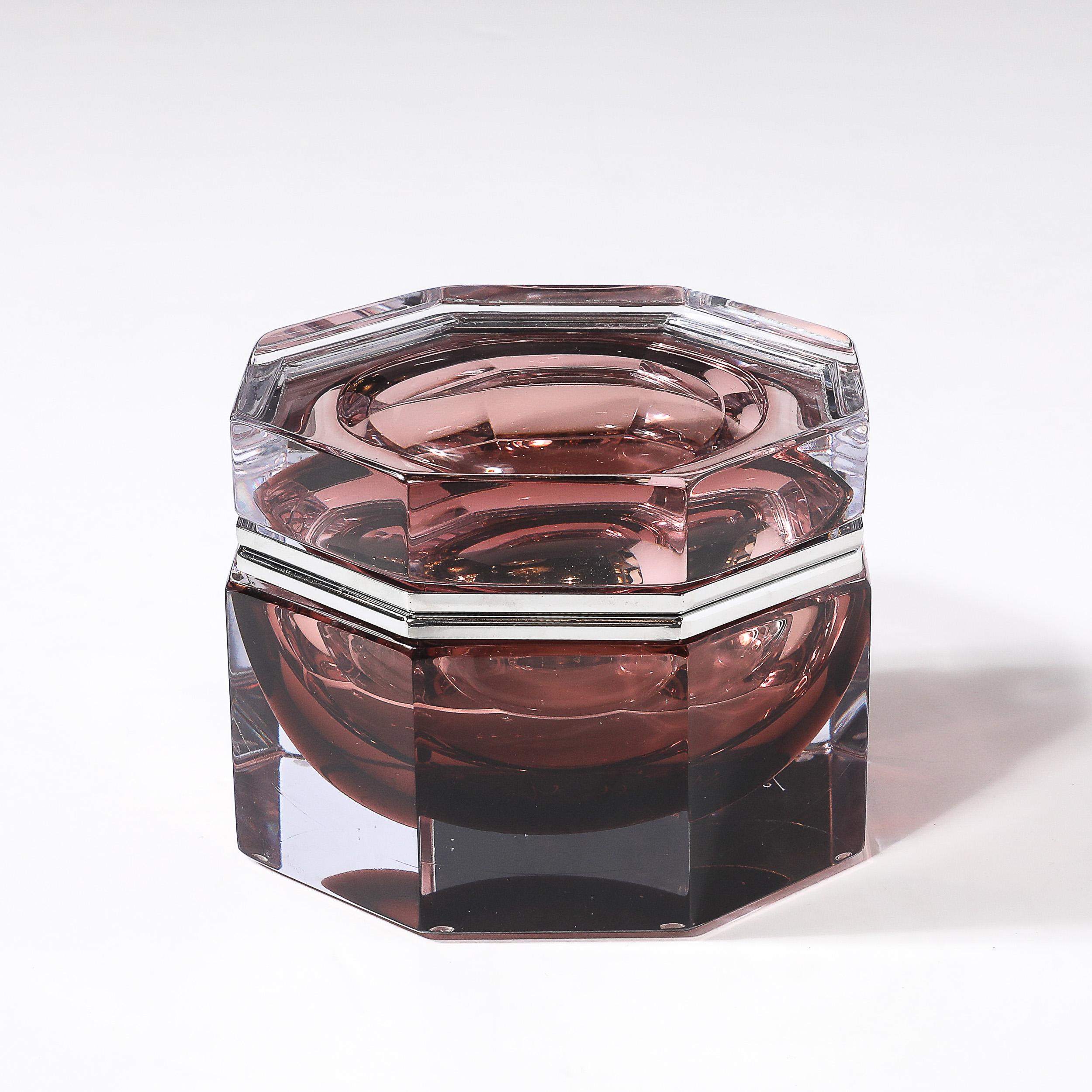 Boîte octogonale moderniste en verre de Murano soufflé à la main en rose fumé avec nickel poli Neuf - En vente à New York, NY