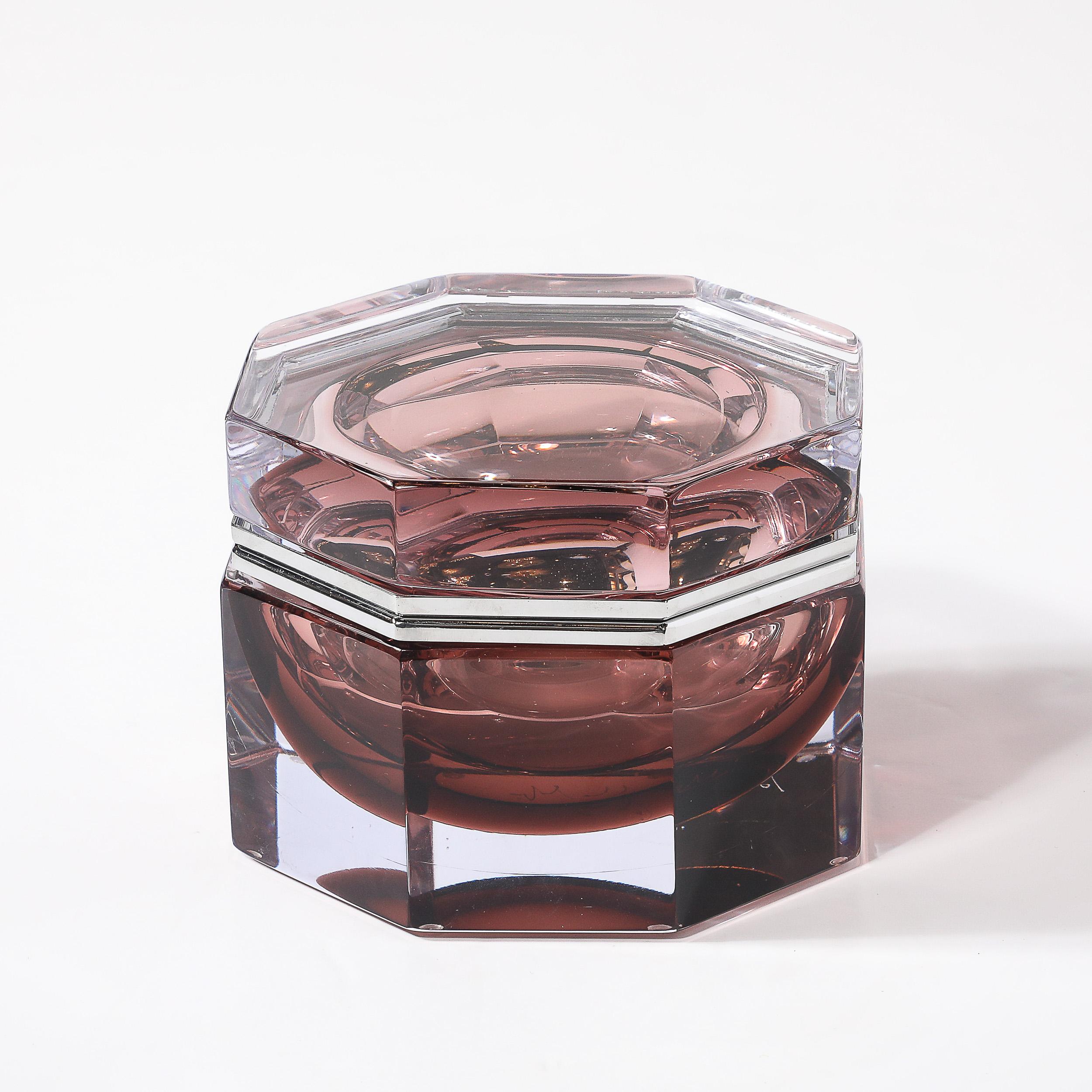 XXIe siècle et contemporain Boîte octogonale moderniste en verre de Murano soufflé à la main en rose fumé avec nickel poli en vente