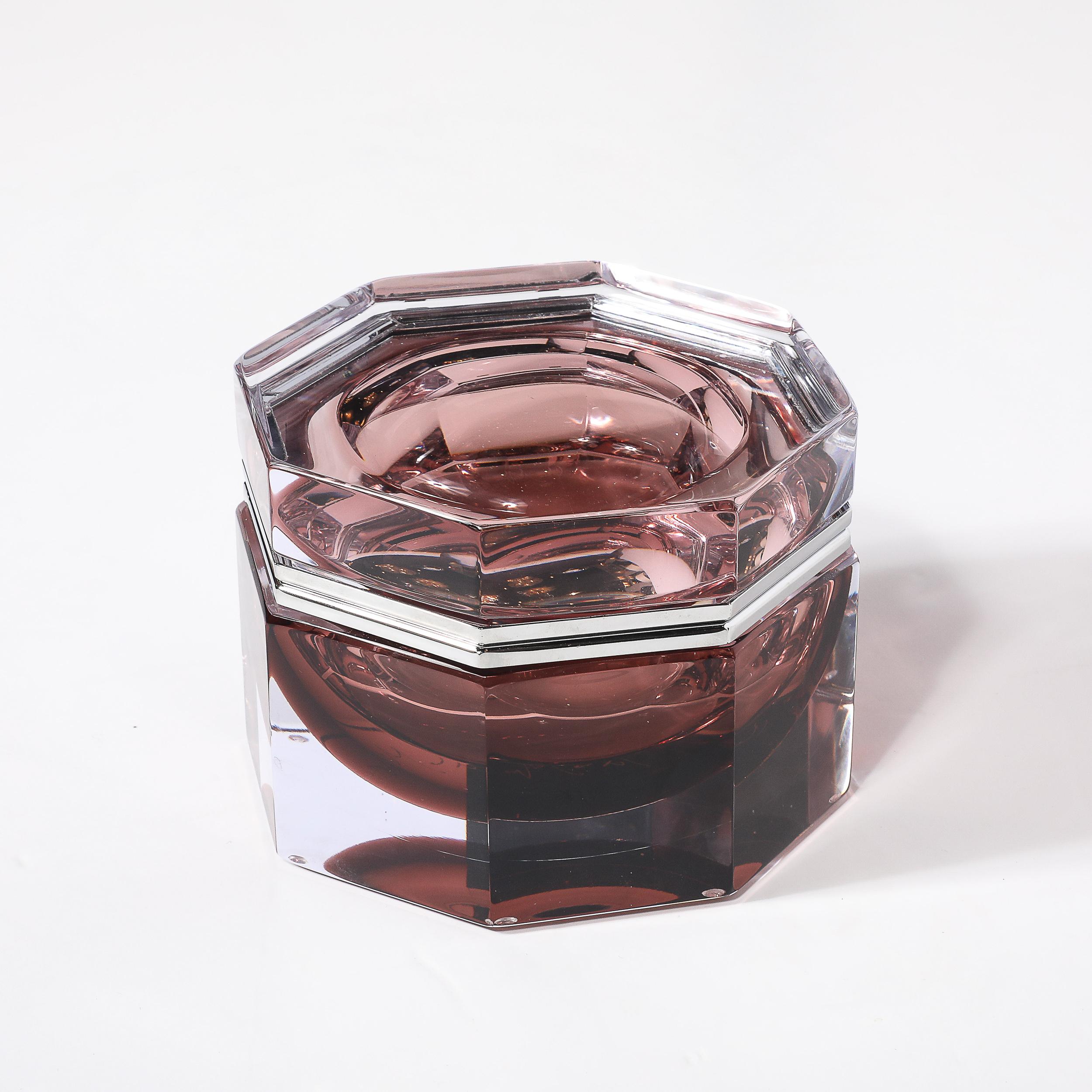 Verre de Murano Boîte octogonale moderniste en verre de Murano soufflé à la main en rose fumé avec nickel poli en vente