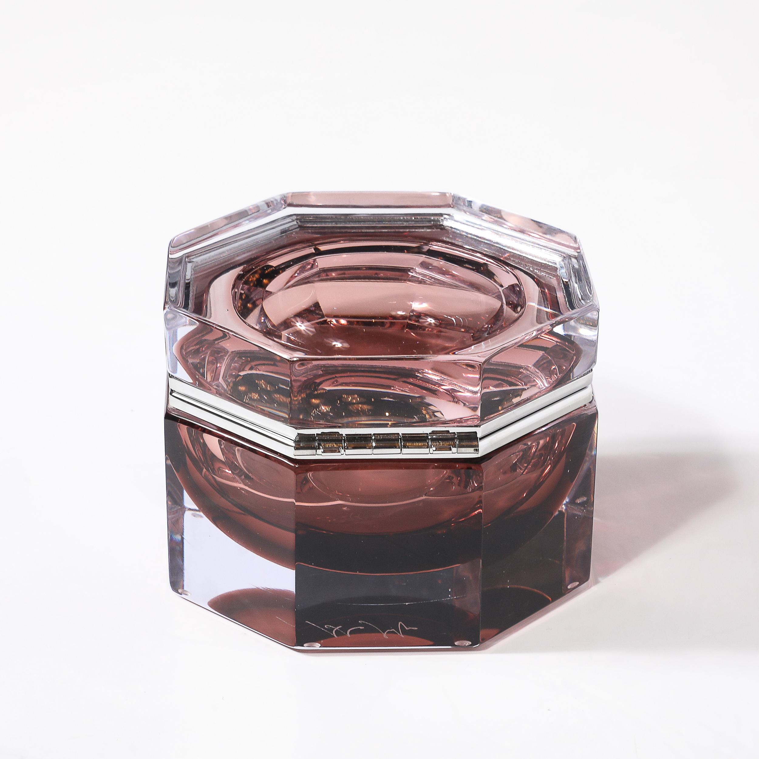 Boîte octogonale moderniste en verre de Murano soufflé à la main en rose fumé avec nickel poli en vente 2
