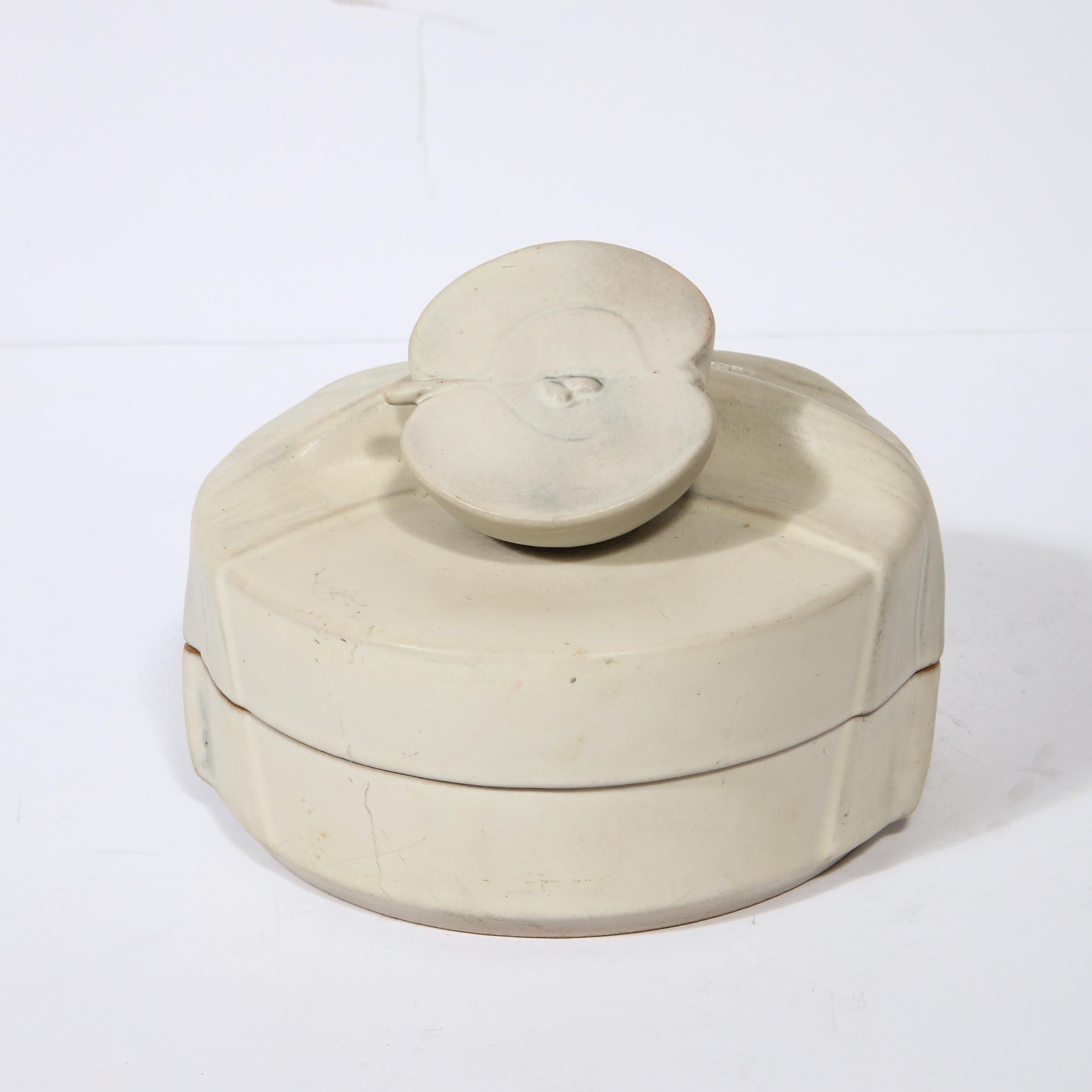 German Modernist Off White Ceramic Lidded Box with Stylized Apple Motif by Rosenthal For Sale
