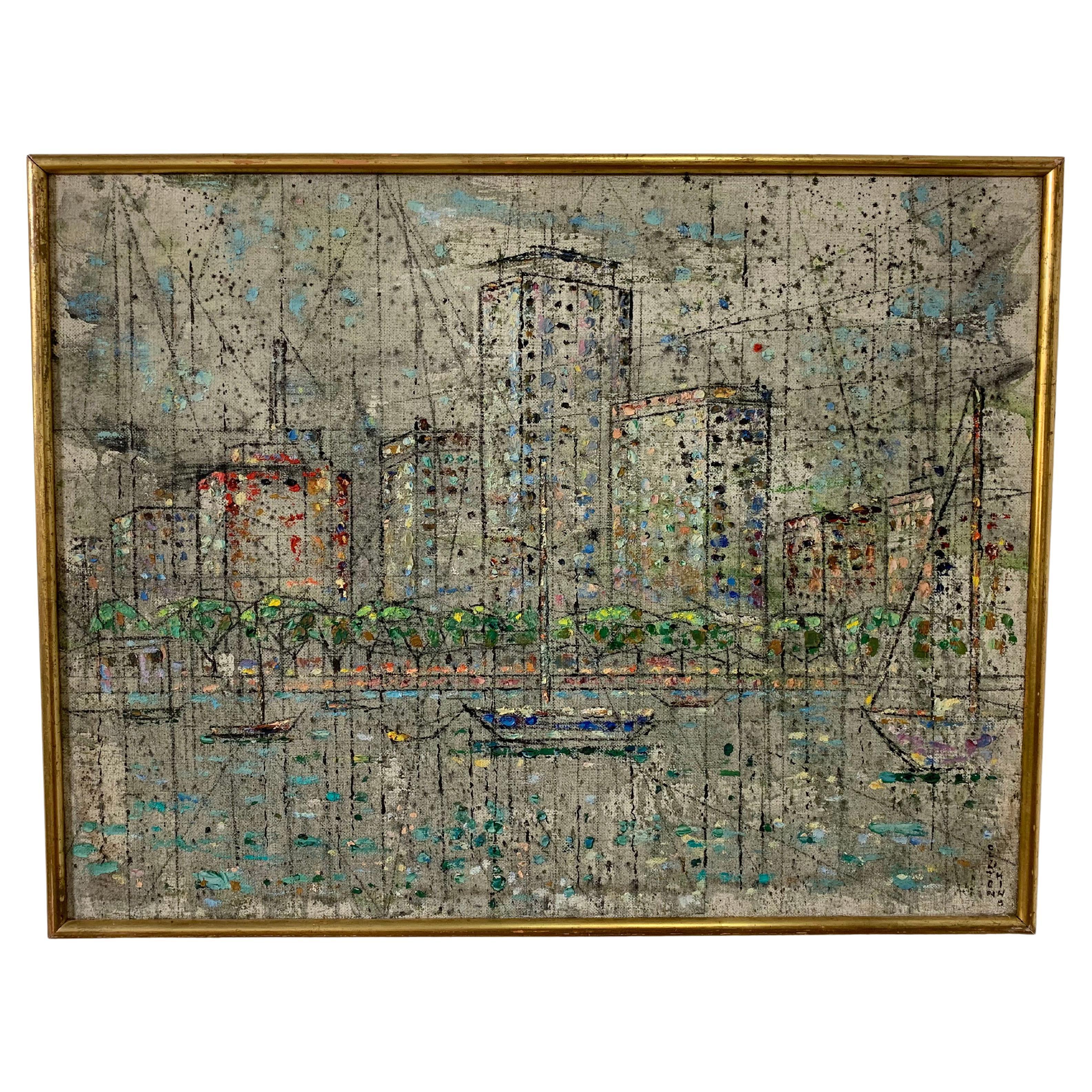 Modernist Oil of the Chicago Skyline by Clinton Blair King, Circa 1950s