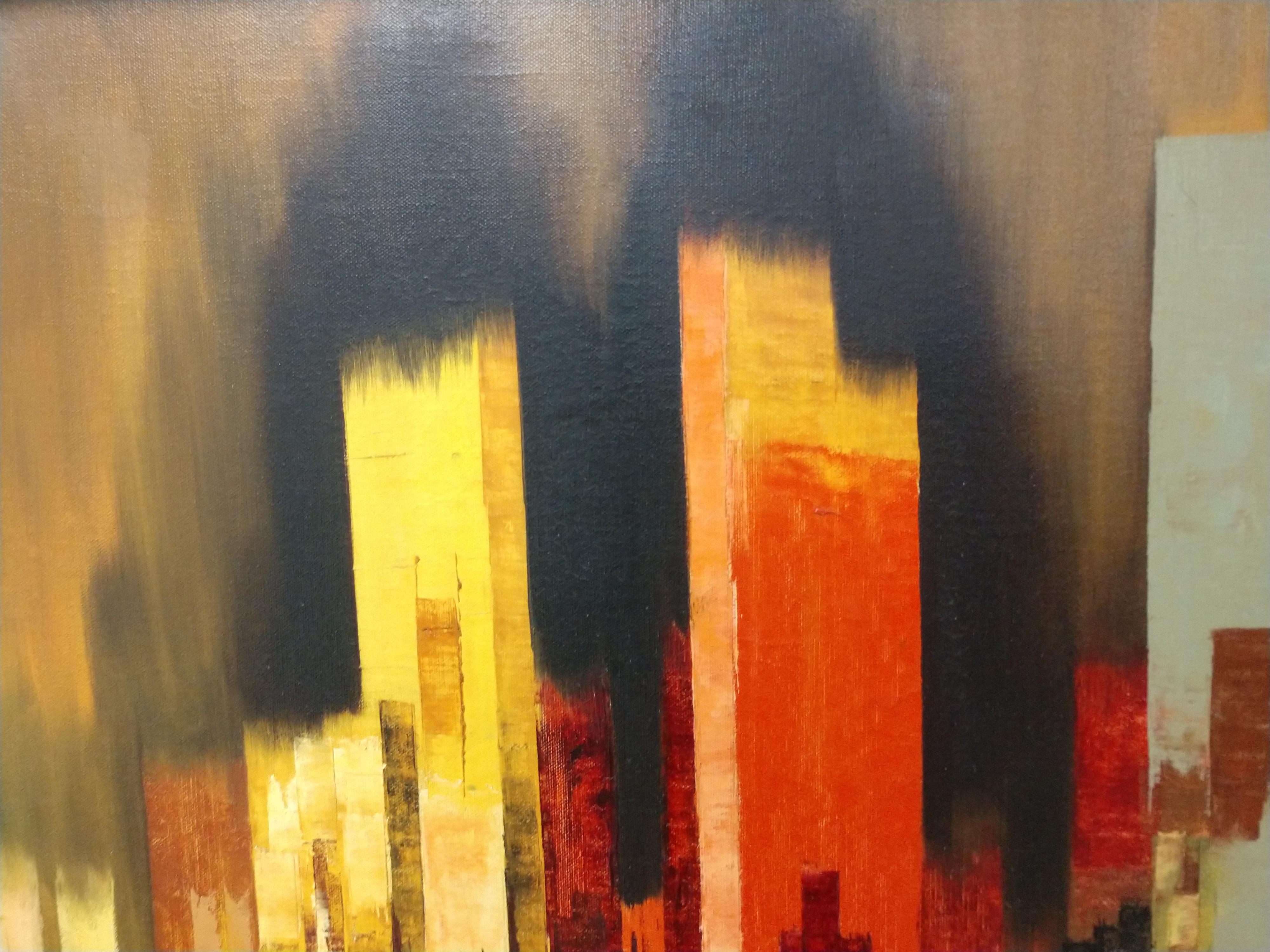 Abstrakte Ansicht von Chicago in Öl auf Leinwand der Moderne von James Sherman, um 1965 (amerikanisch) im Angebot