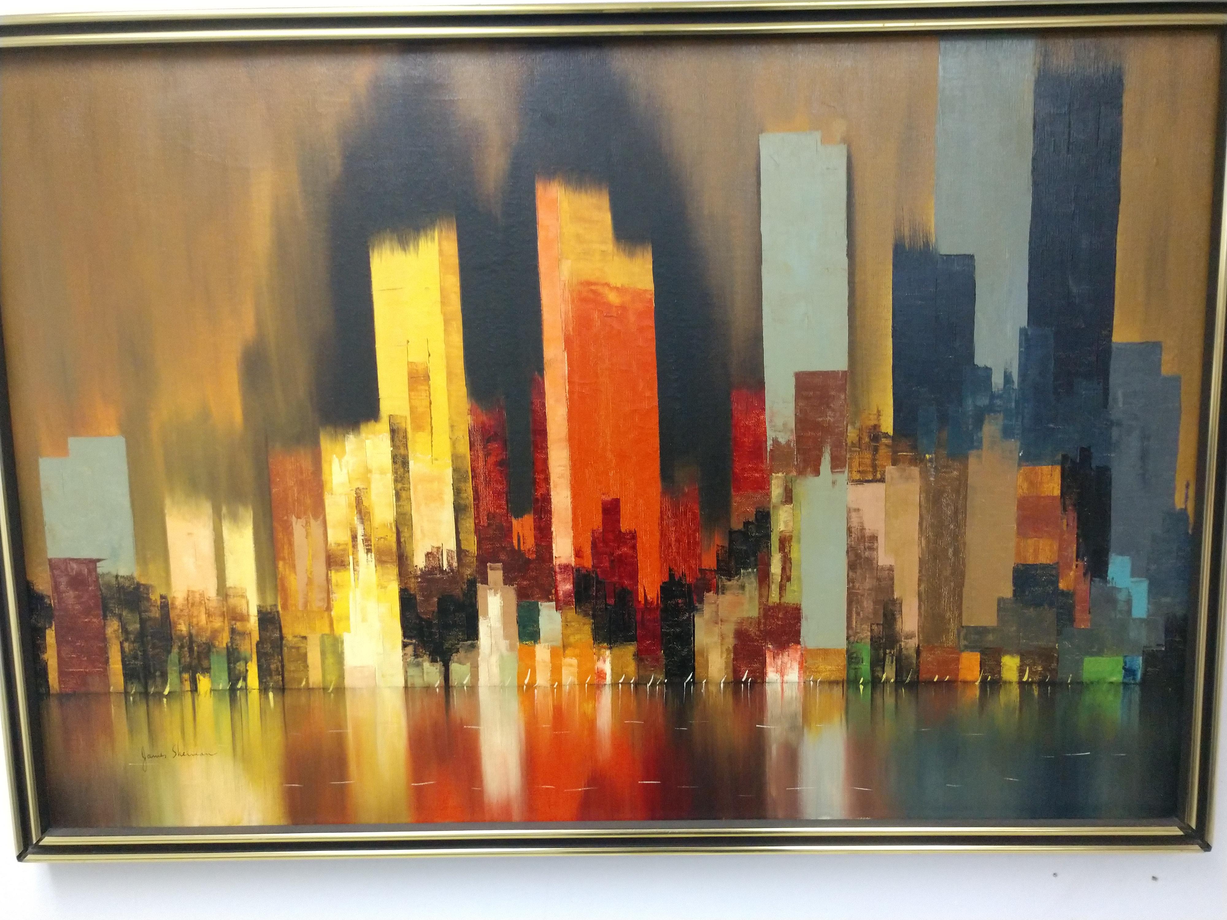 Abstrakte Ansicht von Chicago in Öl auf Leinwand der Moderne von James Sherman, um 1965 (Handbemalt) im Angebot