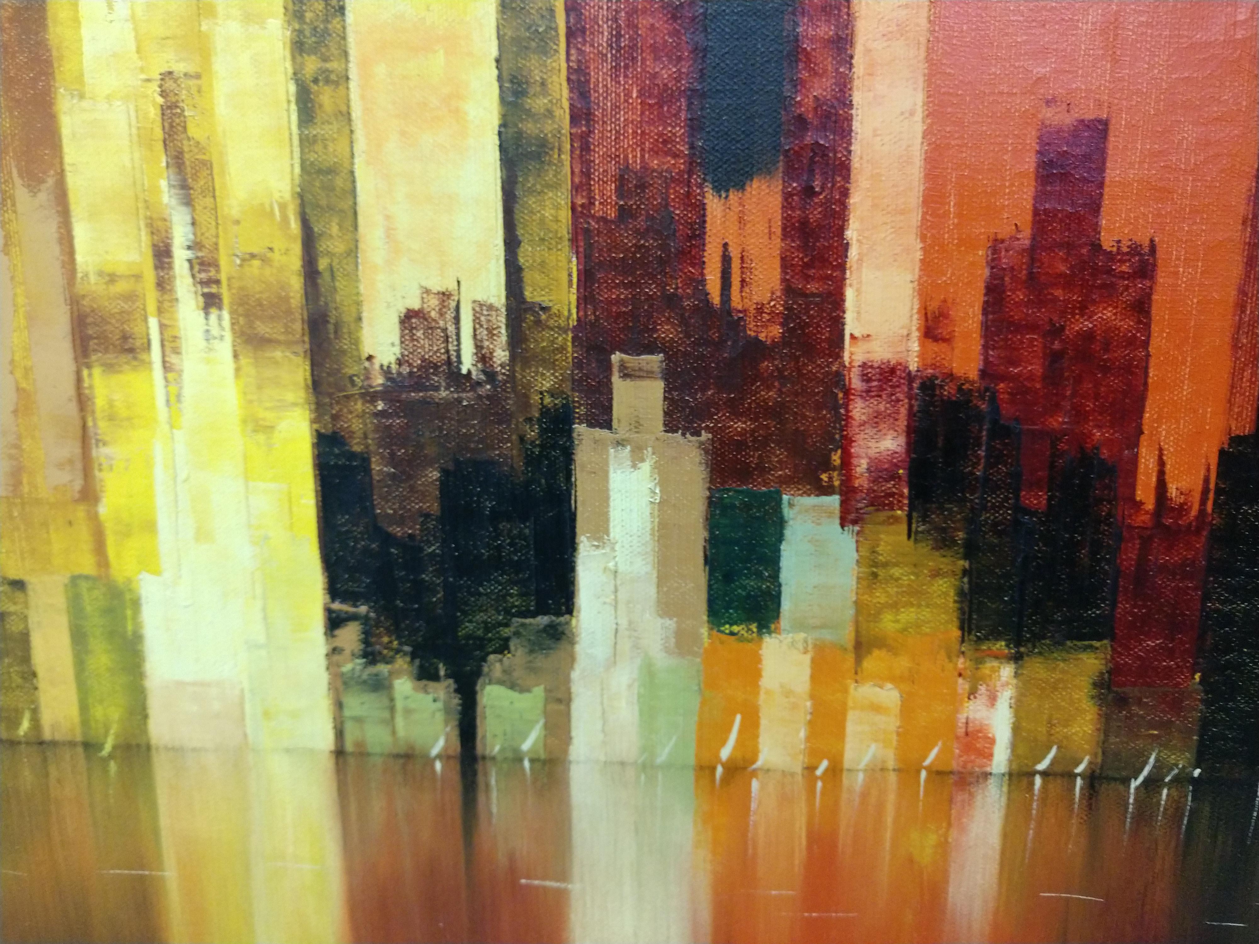 American Modernist Oil on Canvas Abstract View of Chicago by James Sherman, C 1965 For Sale