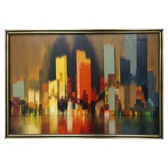 Vintage Modernist Oil on Canvas Abstract View of Chicago by James Sherman, C 1965