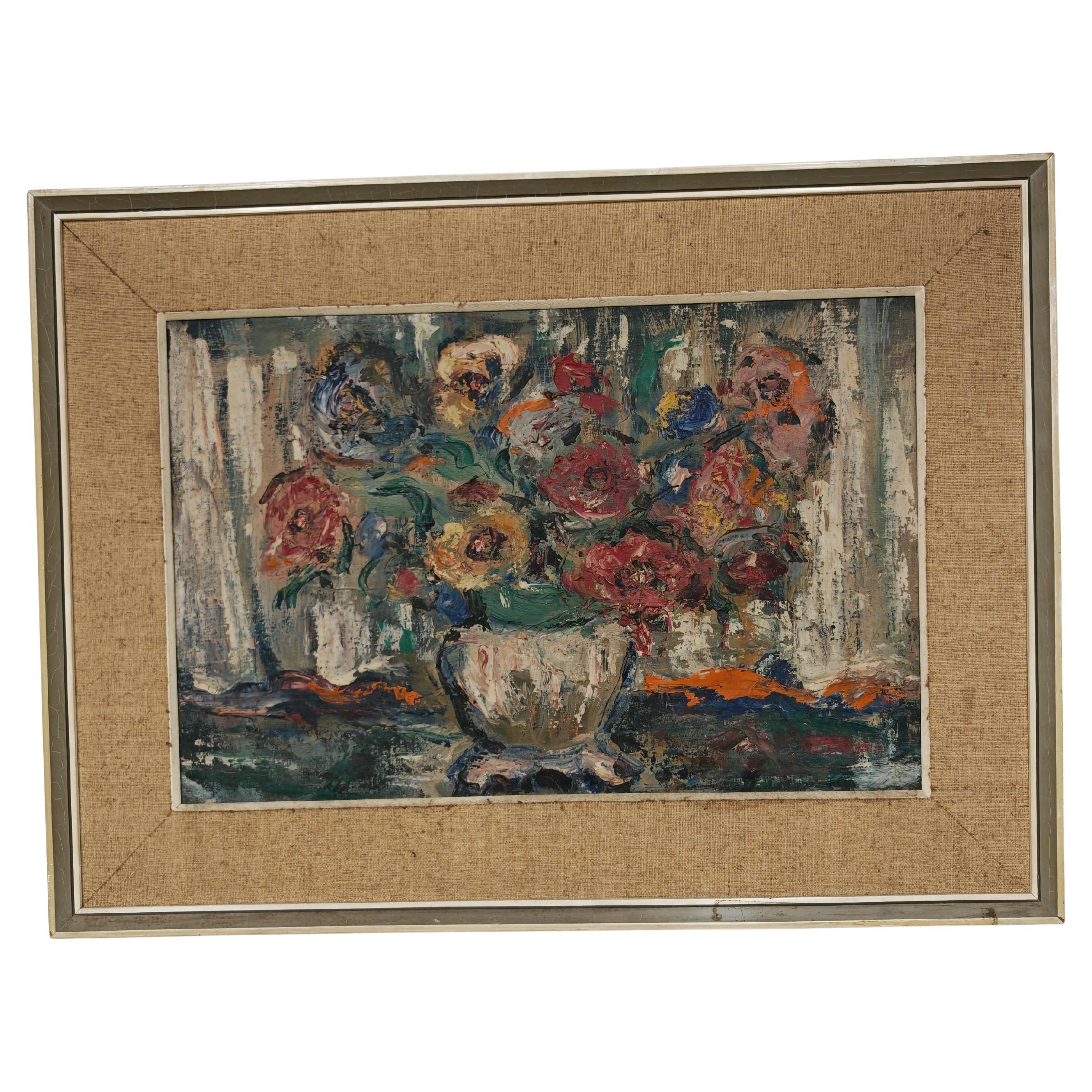 Modernistisches Öl auf Leinwand "Blumen" von Branislava Modelska-Jovanovic, Jugoslawien