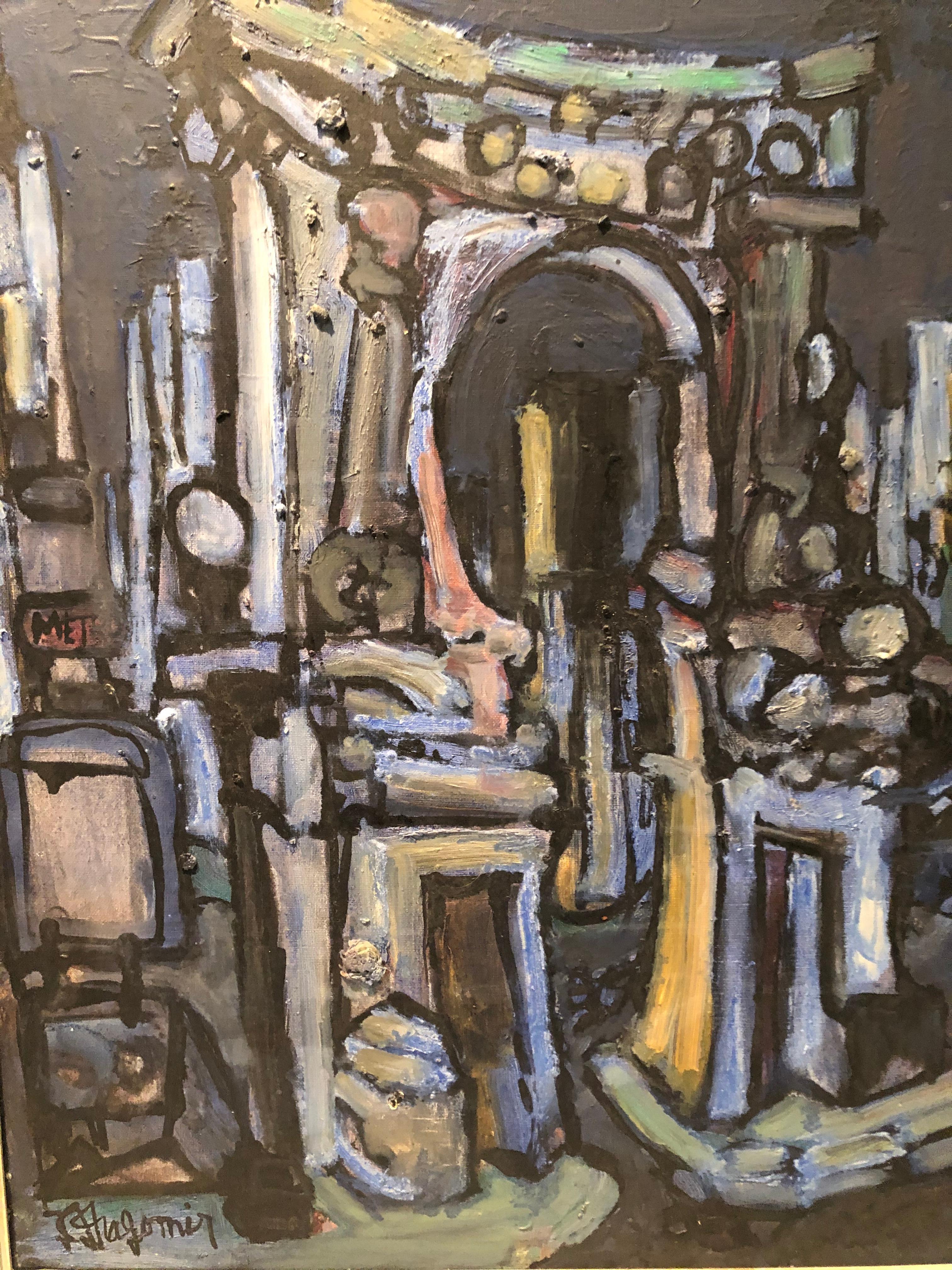 Vibrante huile sur toile moderniste représentant une scène de rue à Paris par l'artiste classé Jean-Claude Dragomir (Roumain/Français, né en 1935-1965). L'artiste est né en Roumanie et a vécu la majeure partie de sa courte vie à Montmarte à Paris en