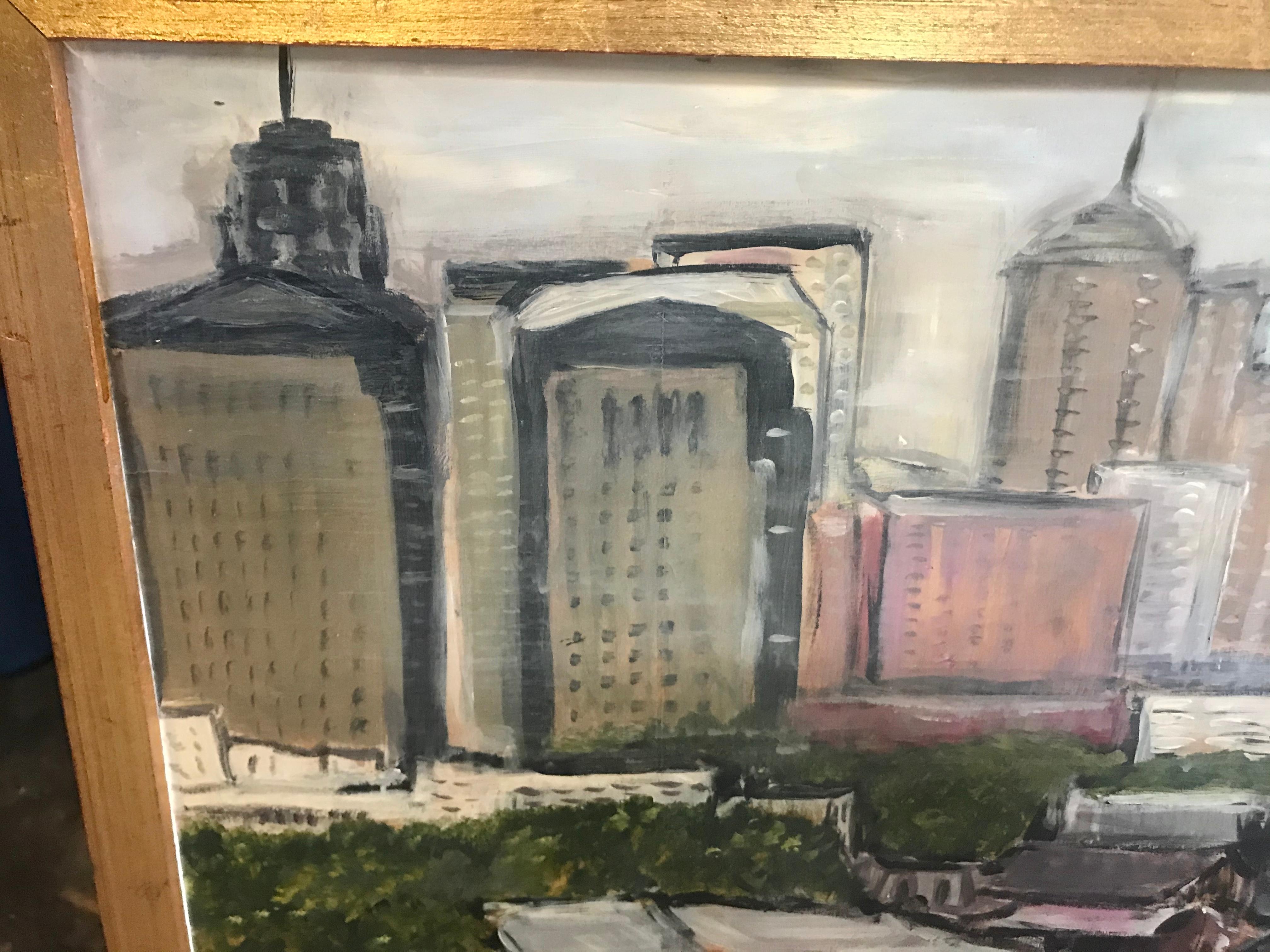 Contemporary modernist oil on canvas painting, by Peter Caruso depicting Buffalo New York Street Art Festival. Amazing use of color, texture and space.