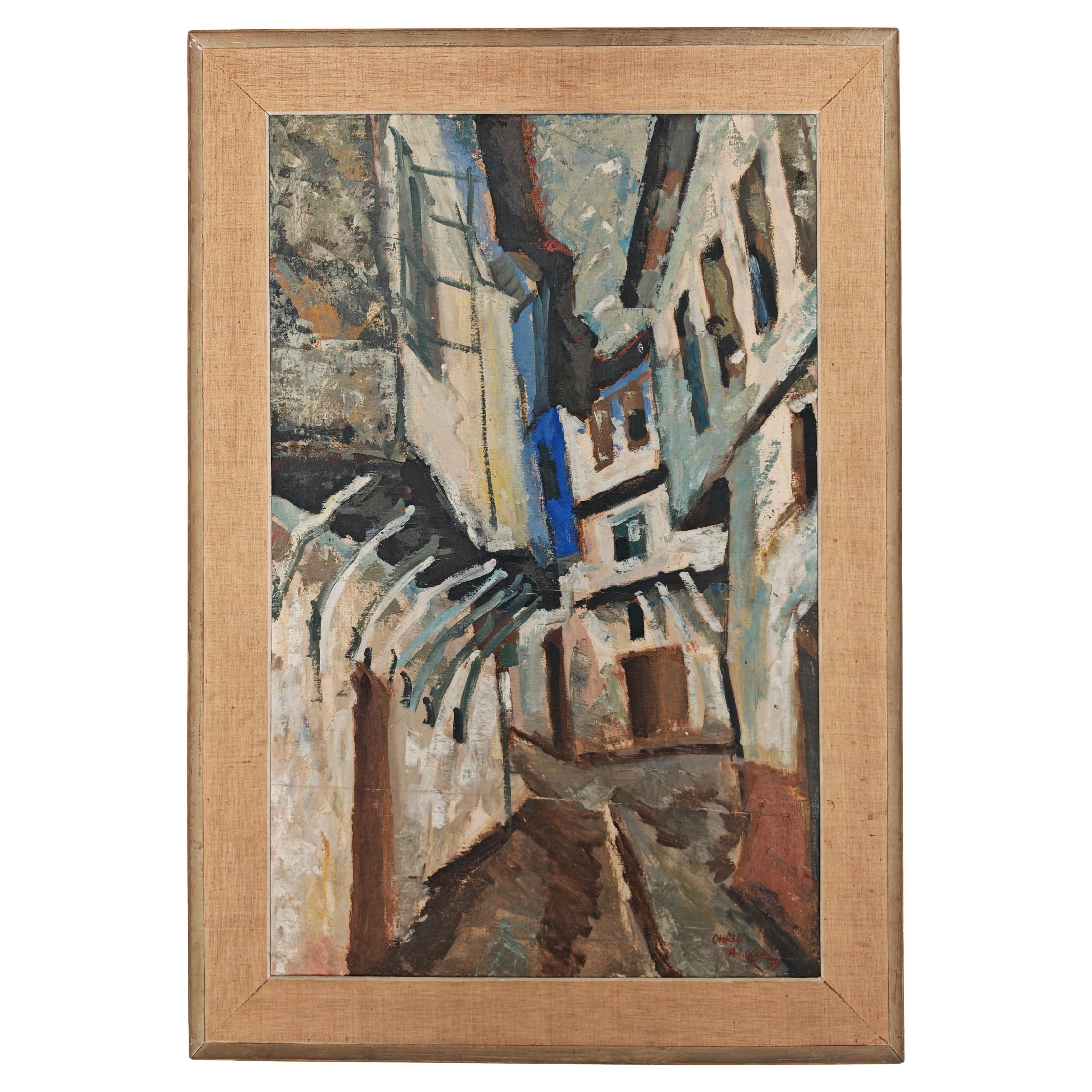 Modernistisches Öl auf Leinwand mit dem Titel "Ohrid" von Aleksandar Jeremic Cibe, 1959