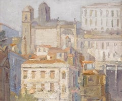 Modernist Oil on Wood Painting Cathedral Cityscape by Mello Junior, 20th Century