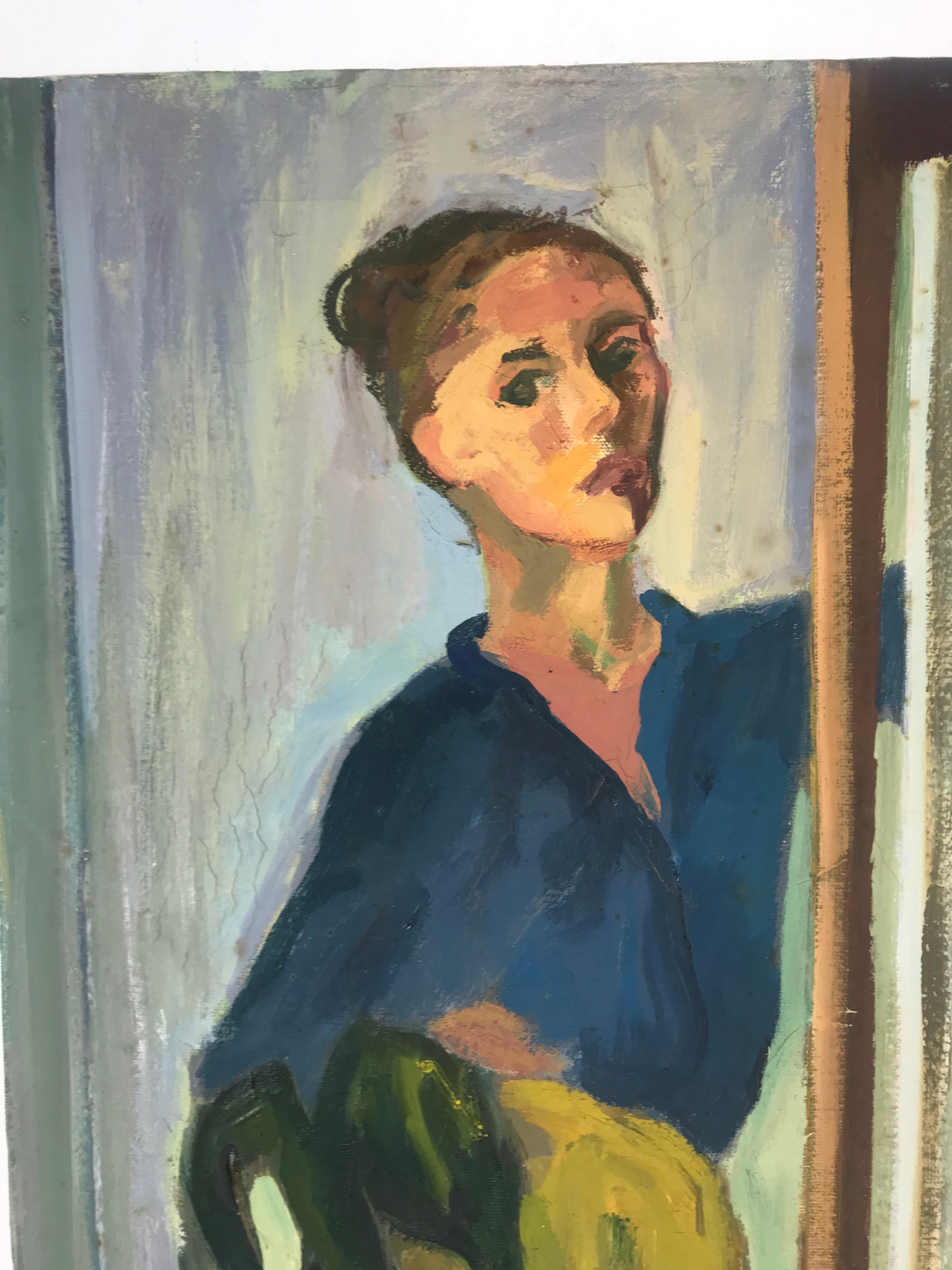 Wonderful modernist oil painting executed by Anita Kahn depicting stylish woman, excellent use of color, texture and space, signed on backside, 
 
 During a lifetime of collecting Arthur and his wife Anita Kahn assembled one of the most remarkable