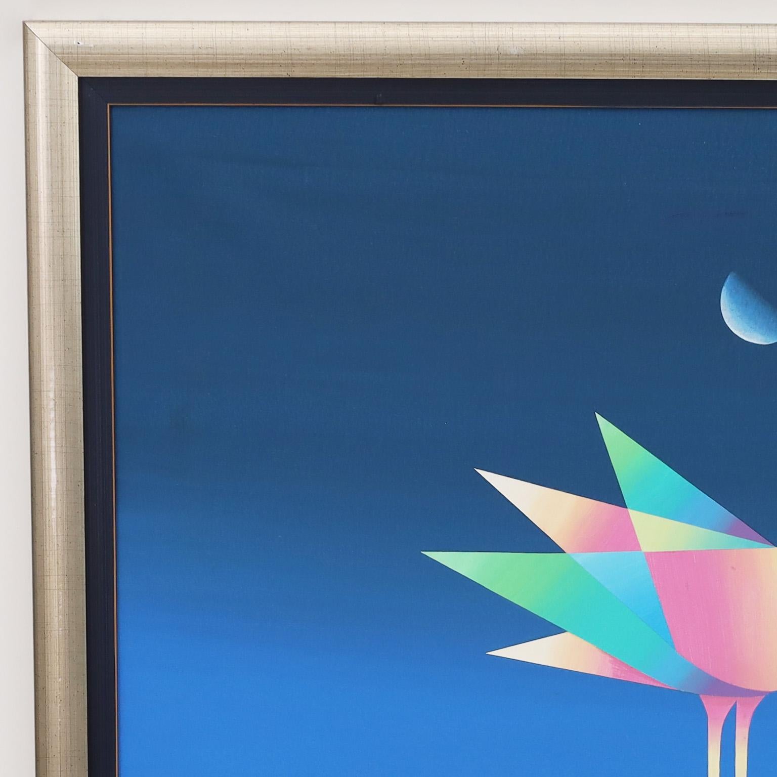 Exciting oil painting on canvas of a colorful dove on a wheel with geometric implications under a half moon and over a landscape. Executed in a modern surrealist style. Signed by noted Brazilian artist Braz Dias and presented in a silver gilt wood