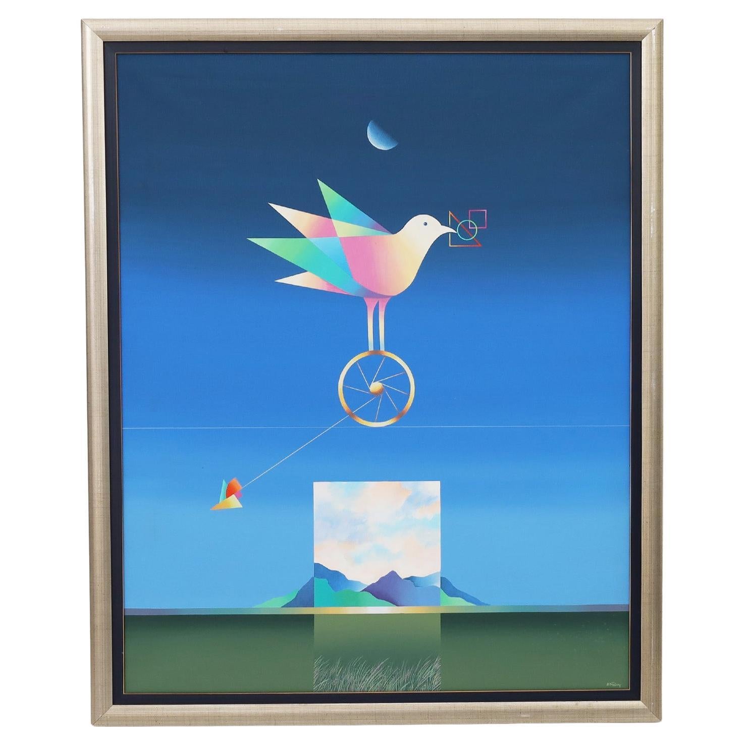 Modernist Ölgemälde auf Leinwand von einem Vogel oder Taube im Angebot