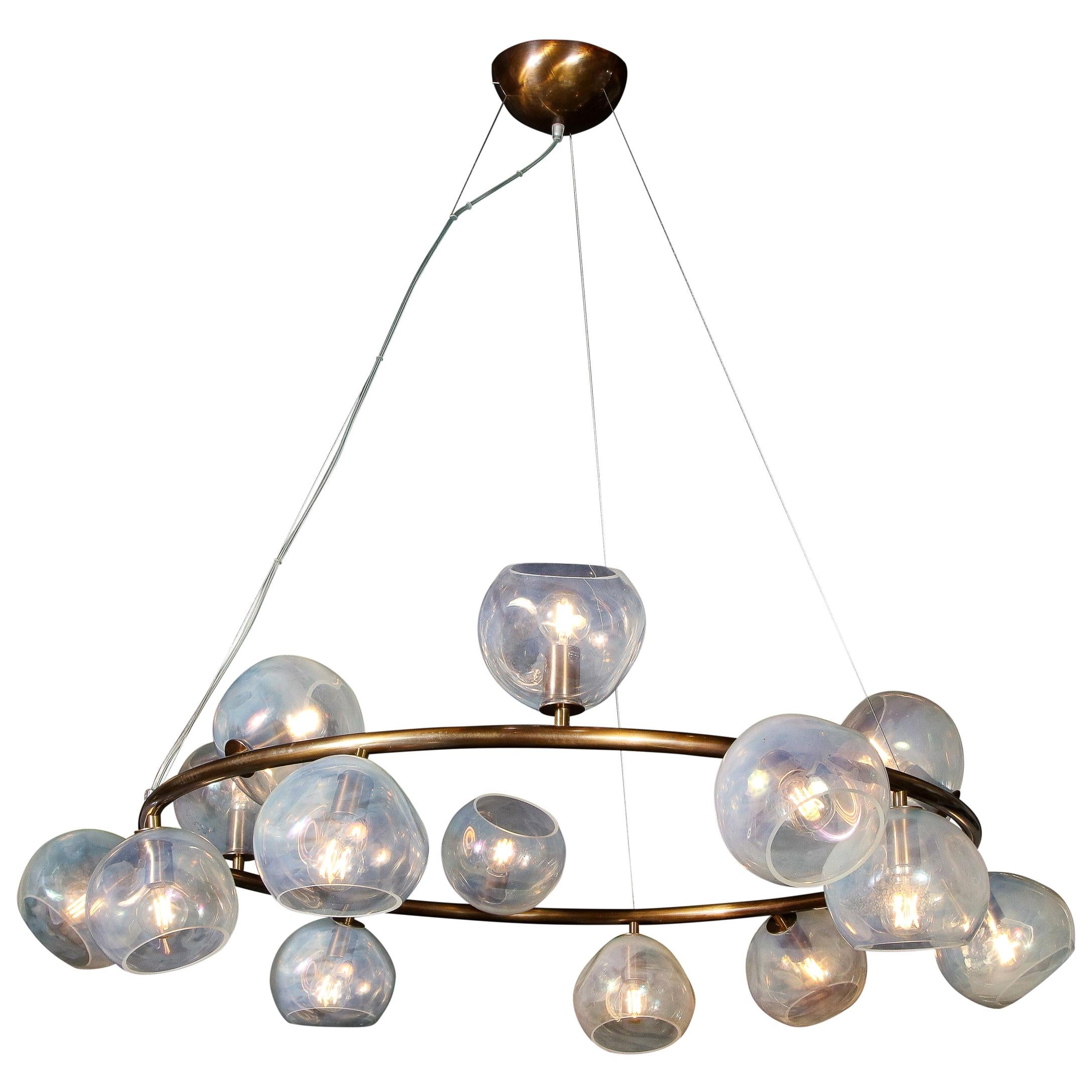 Modernist Oil Rubbed Bronze Chandelier with Organic Hand Blown Murano Shades For Sale