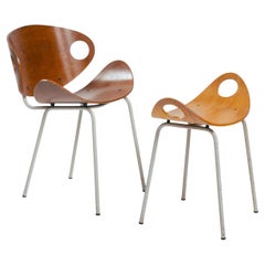 modernist Olof Kettunen Chair and Stool for Merivaara in plywood, Finland 1950s