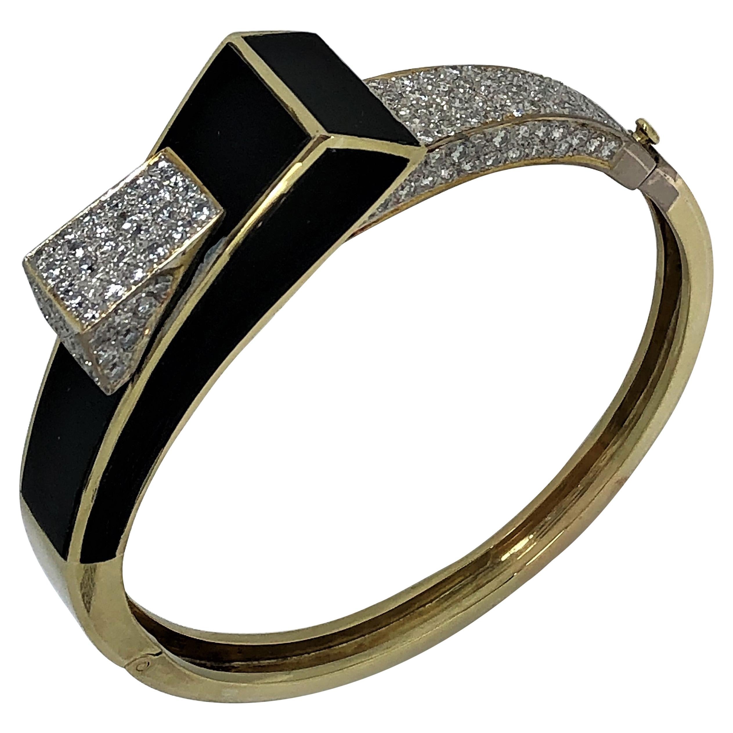 Vintage Diamond, 18 Karat White Gold and Pearl Bangle Cuff with Onyx For Sale (Free Shipping) at