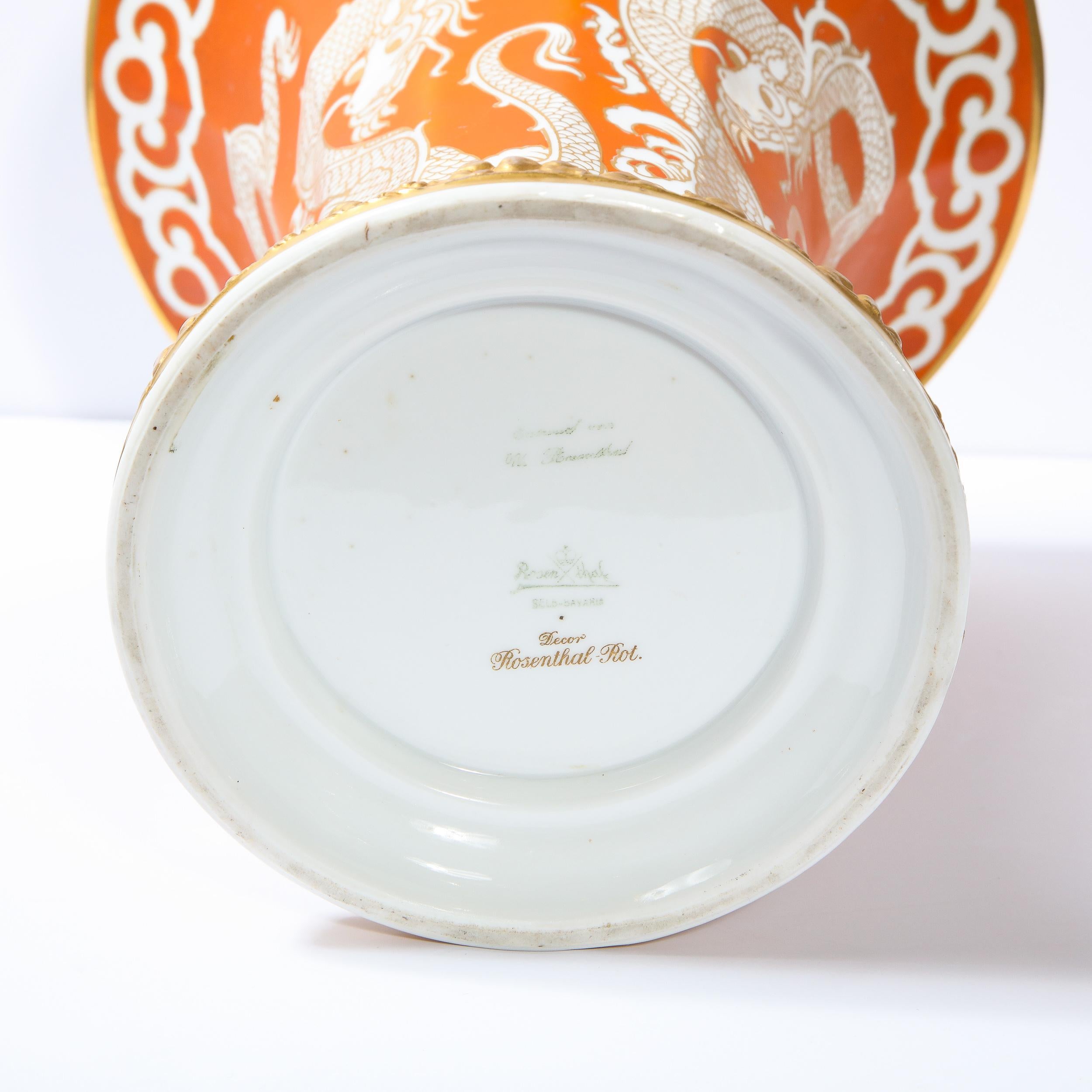 Modernist Orange & Vergoldete Porzellanvase Vase mit Drachenmotiv Signiert Rosenthal 5
