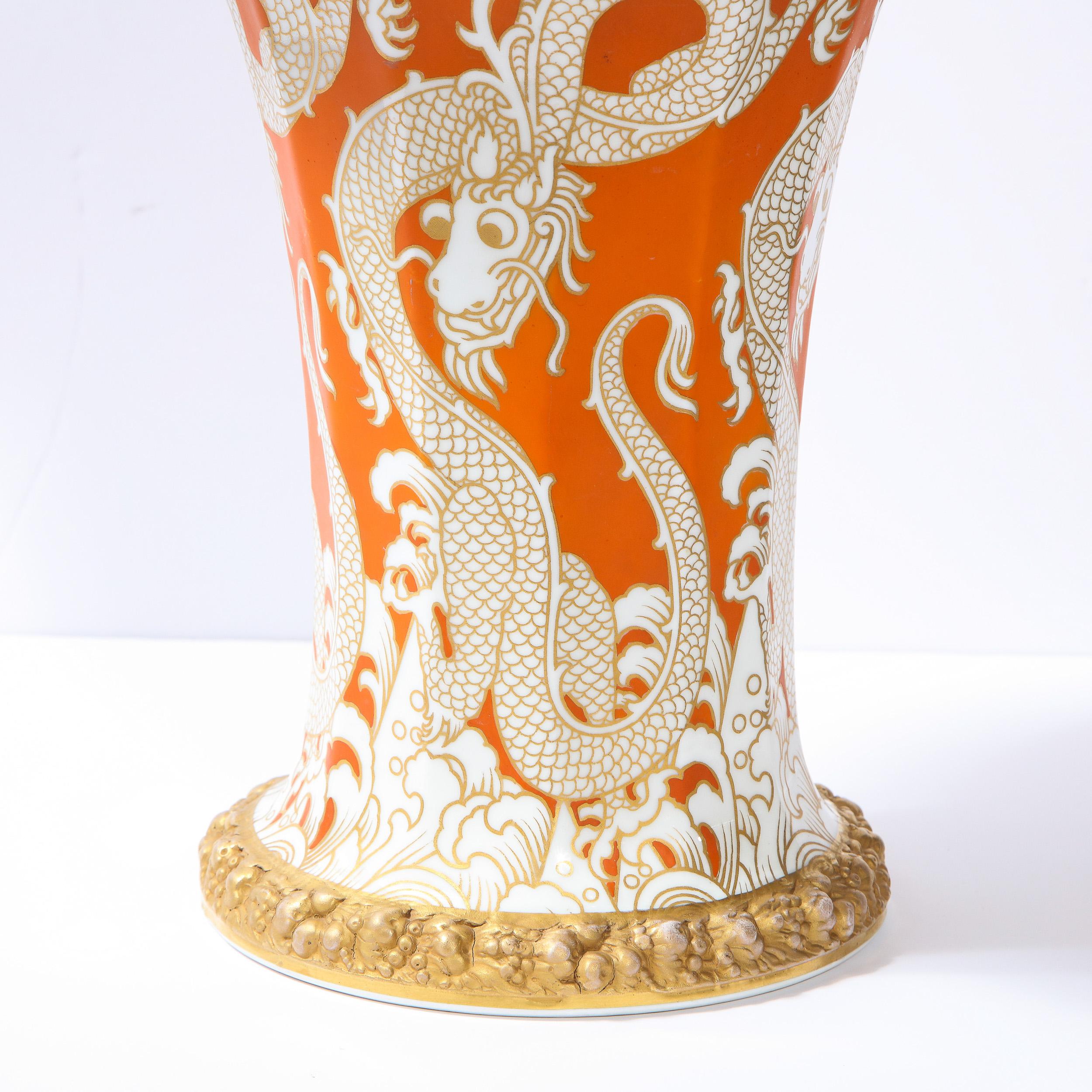 Modernist Orange & Vergoldete Porzellanvase Vase mit Drachenmotiv Signiert Rosenthal (Deutsch)