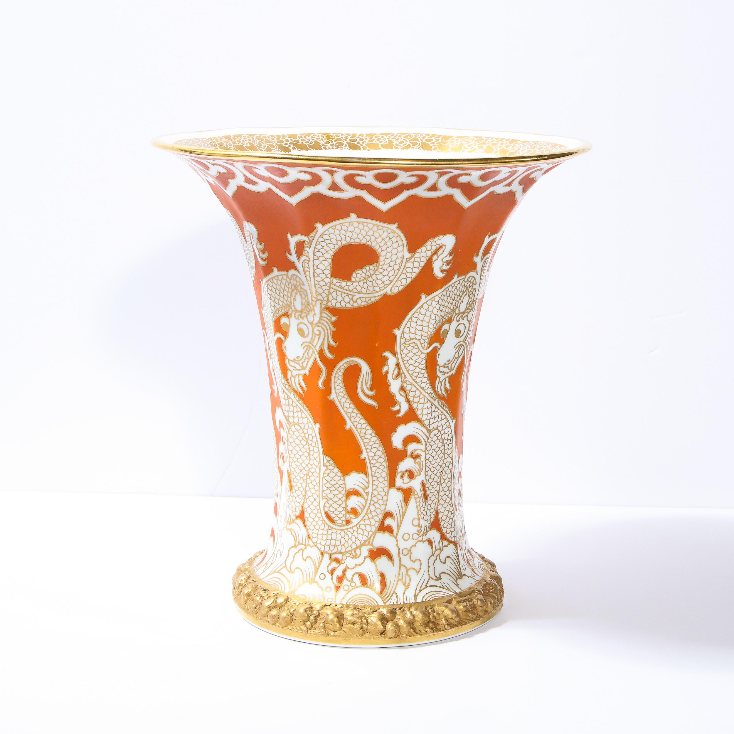 Modernist Orange & Vergoldete Porzellanvase Vase mit Drachenmotiv Signiert Rosenthal 1