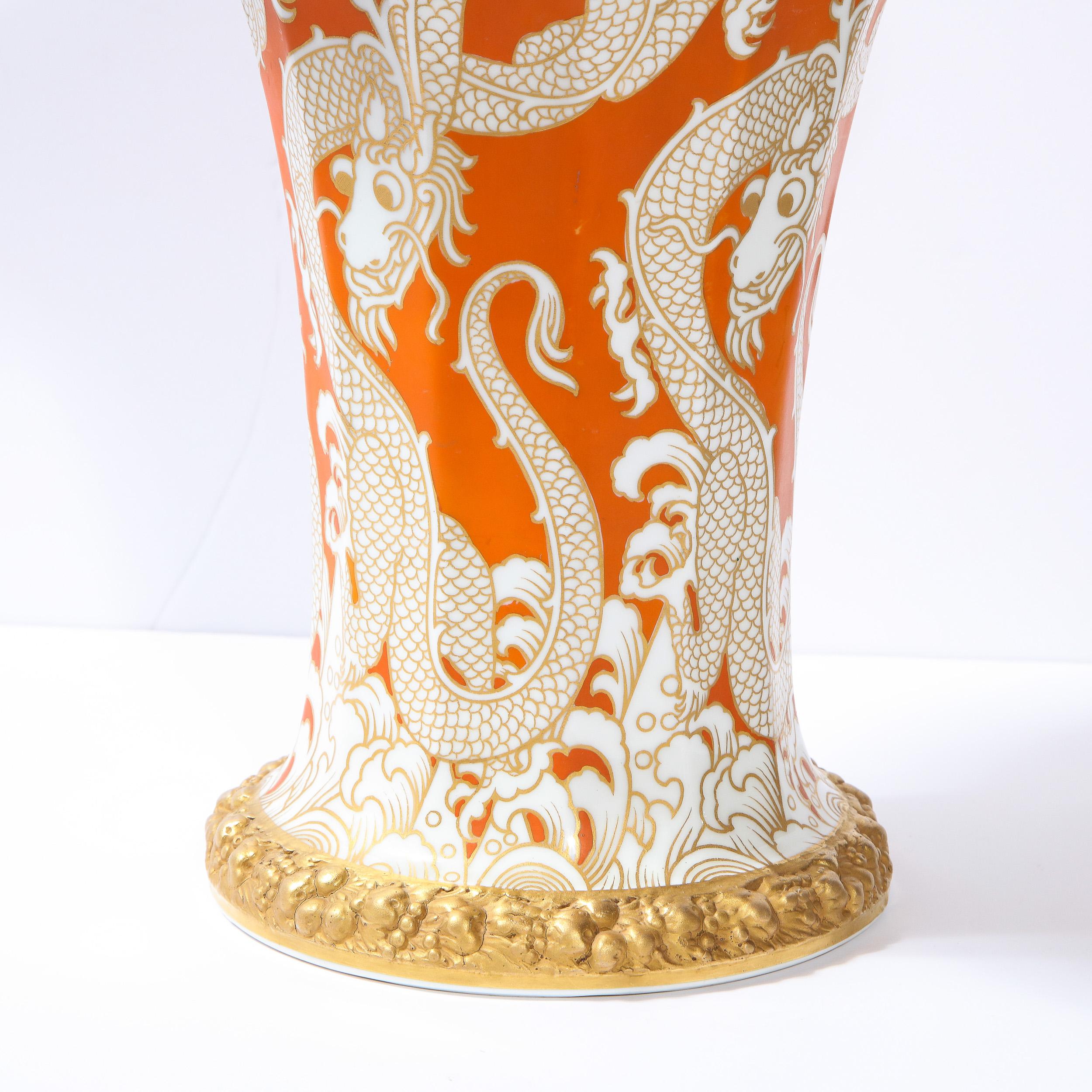 Modernist Orange & Vergoldete Porzellanvase Vase mit Drachenmotiv Signiert Rosenthal 2