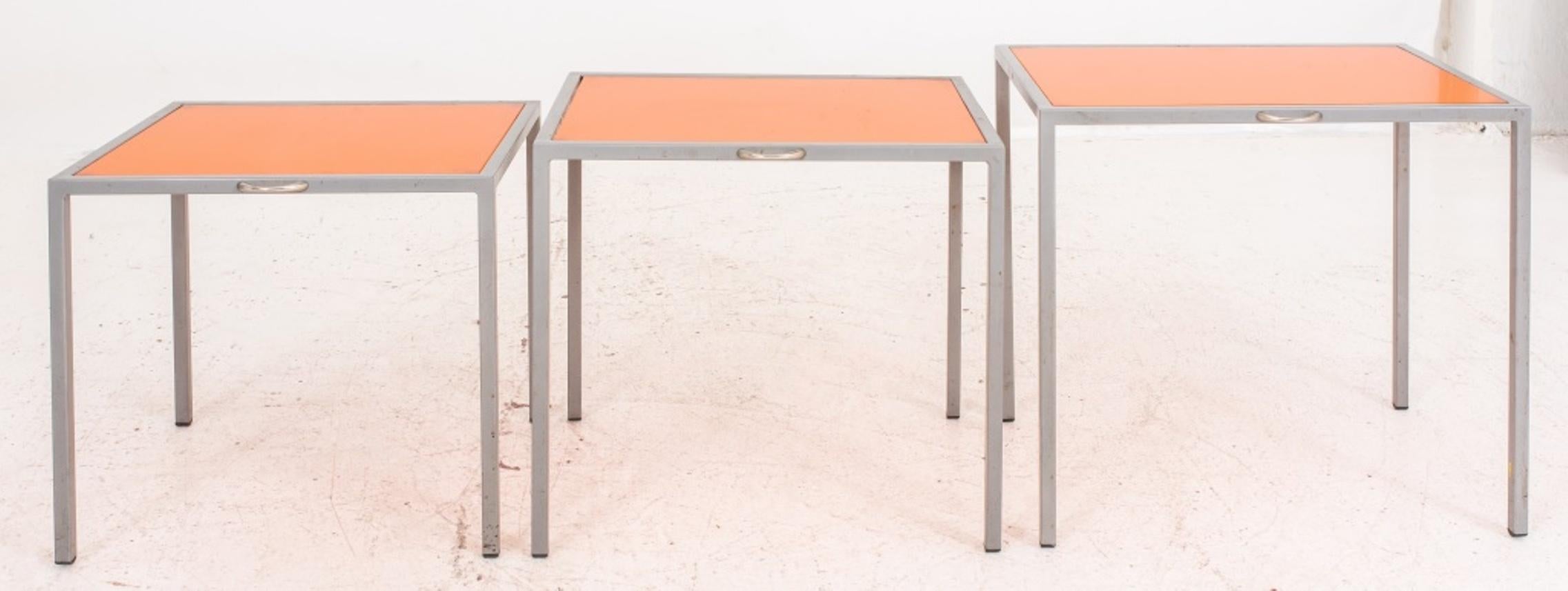 Contemporary Modernist orange glass and steel nesting tables, Set of Three