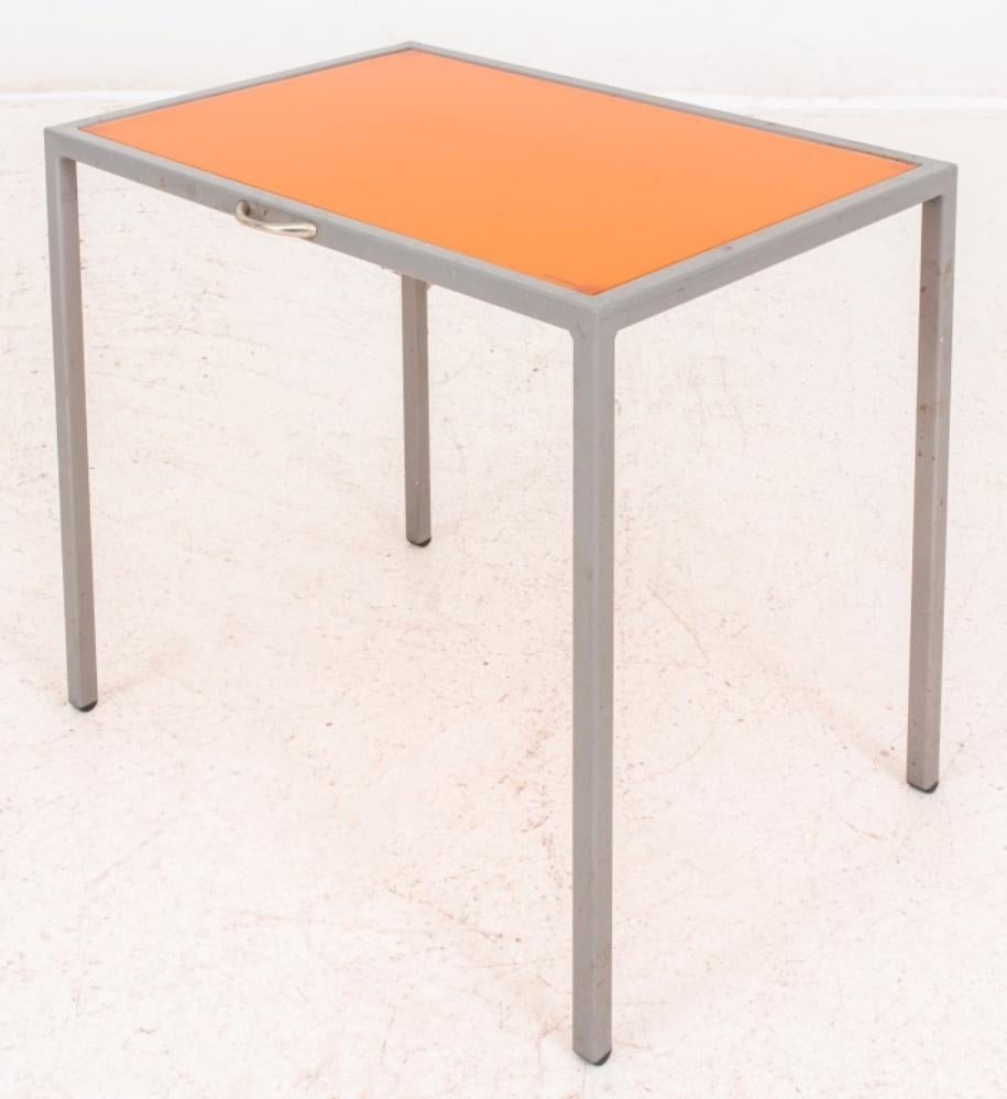 Modernist orange glass and steel nesting tables, Set of Three 1