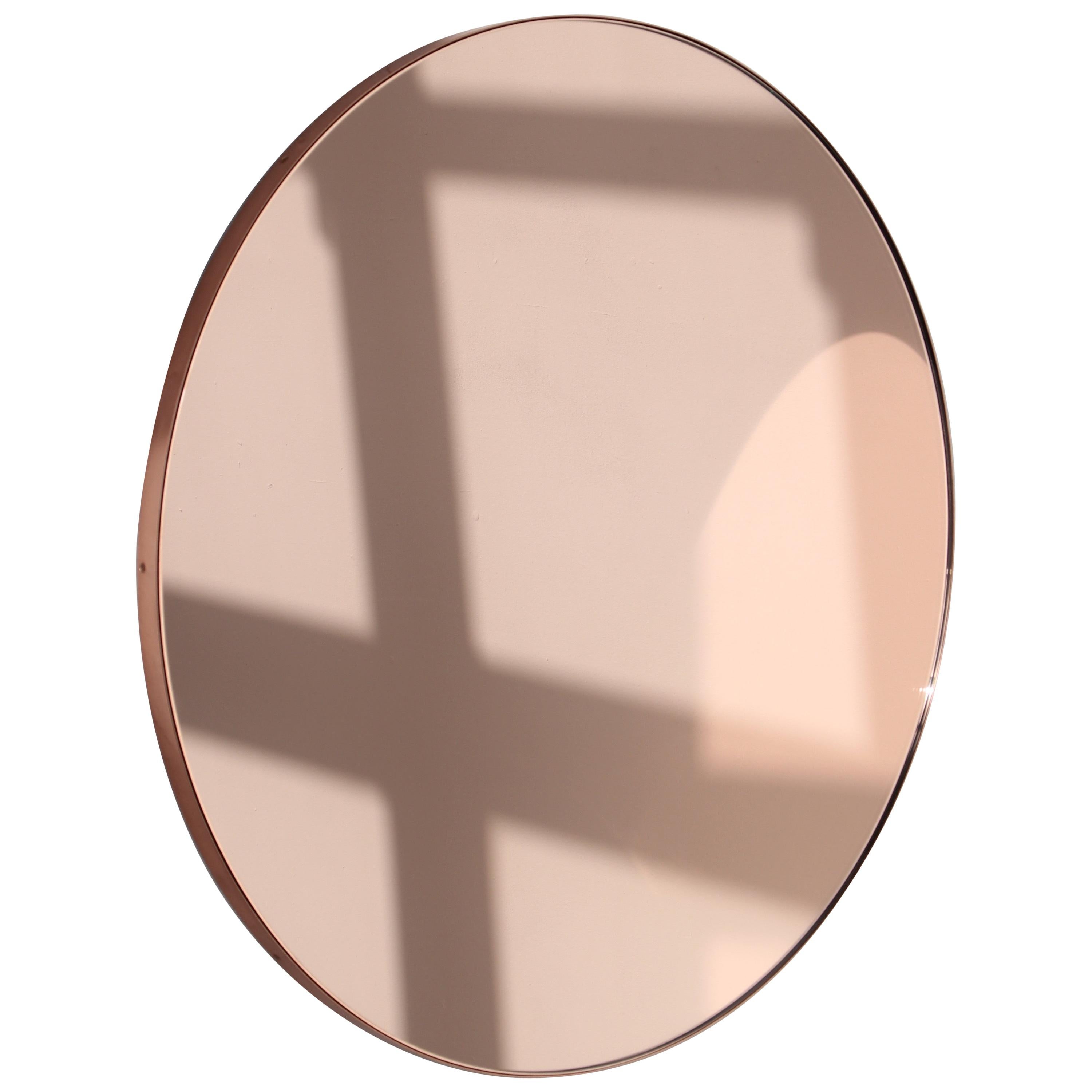 Orbis Rose Gold / Peach Tinted Round Modern Mirror with Copper Frame, Regular For Sale