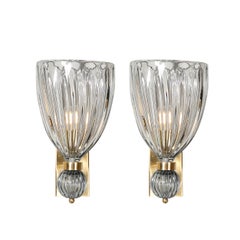 Modernist Orbital Drop Hand-Blown Murano Fluted Smoked Blue Gray Glass Sconces