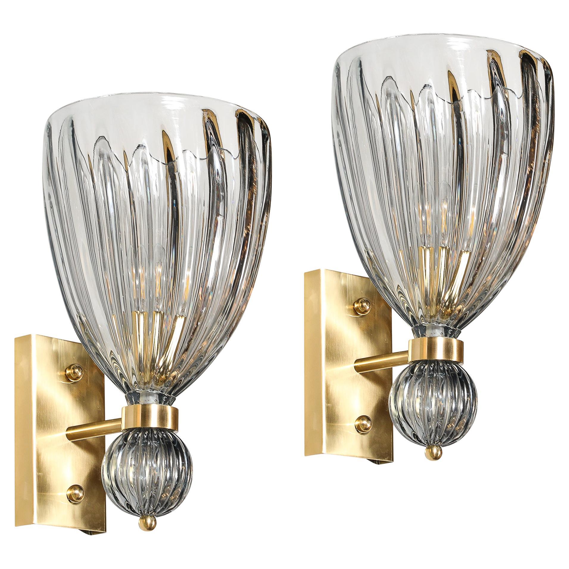 Modernist Orbital Drop Hand-Blown Murano Fluted Smoked Blue Gray Glass Sconces For Sale