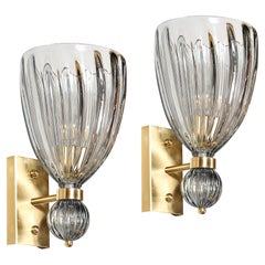 Modernist Orbital Drop Hand-Blown Murano Fluted Smoked Blue Gray Glass Sconces