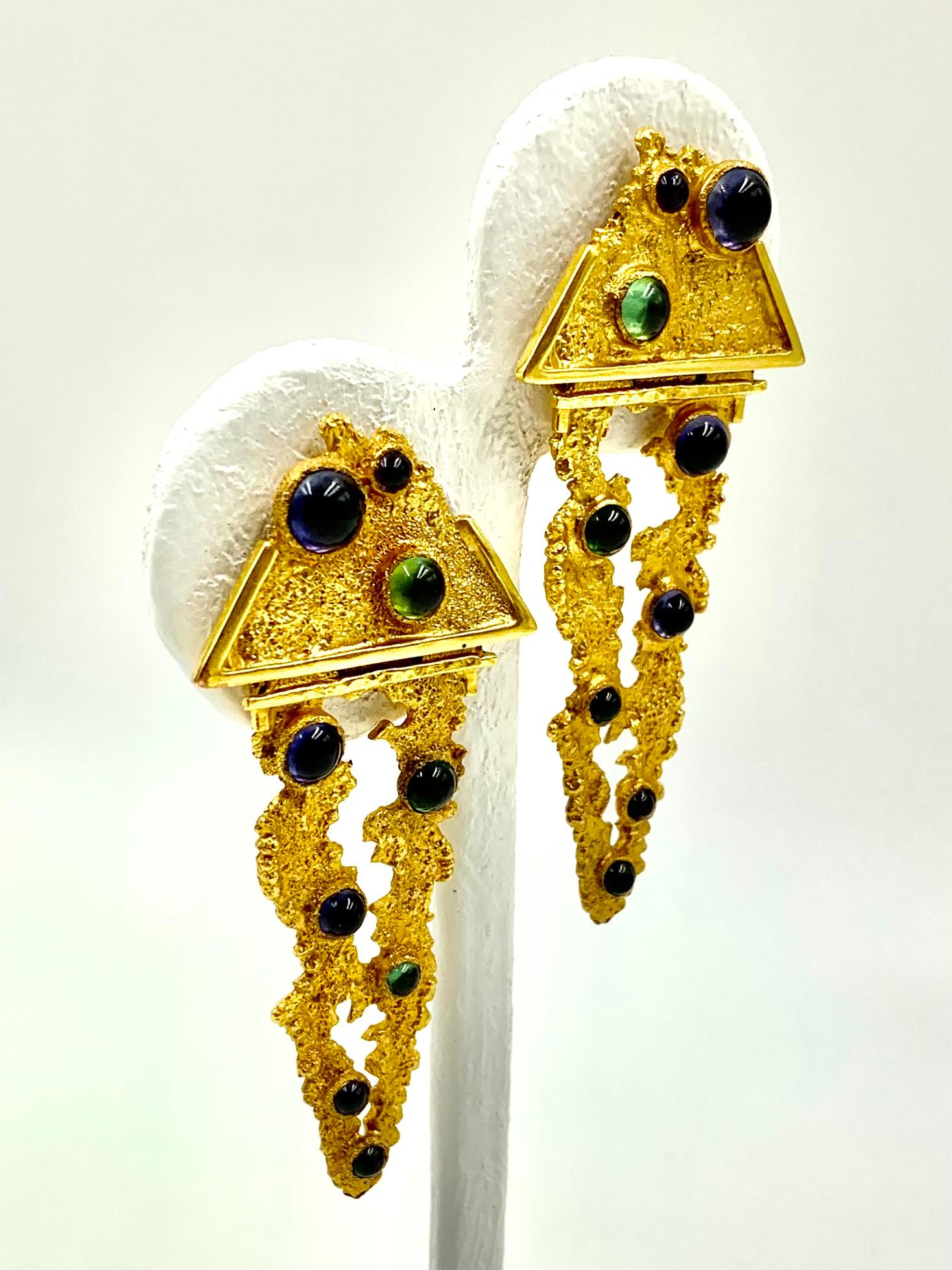 Modernist Organic Form F. Marshall 14k Gold Amethyst, Peridot Earrings, 1980's For Sale 4