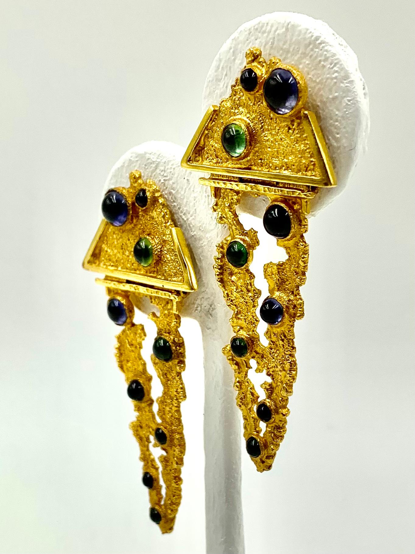 Modernist Organic Form F. Marshall 14k Gold Amethyst, Peridot Earrings, 1980's For Sale 5