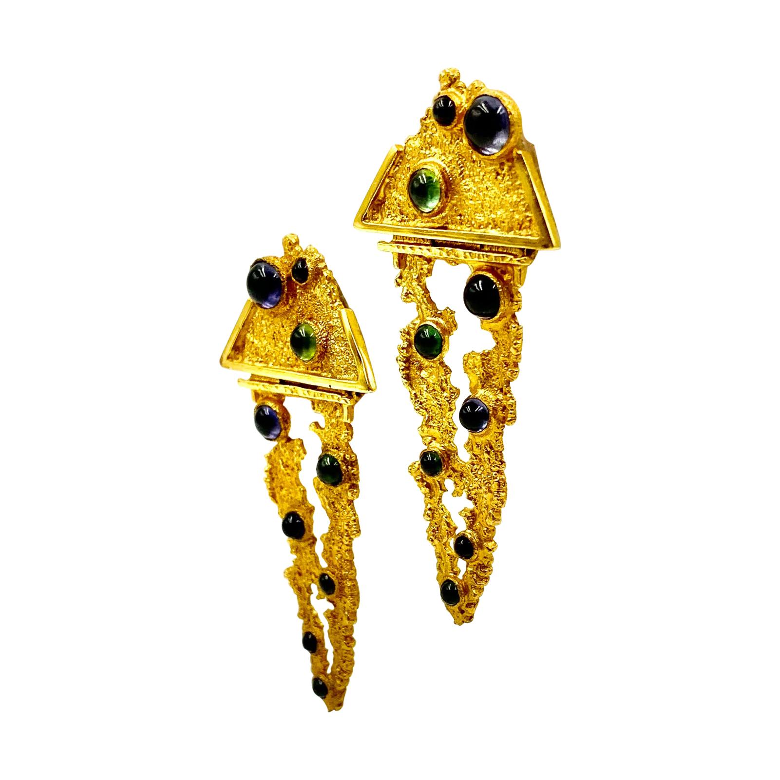 Modernist Organic Form F. Marshall 14k Gold Amethyst, Peridot Earrings, 1980's
