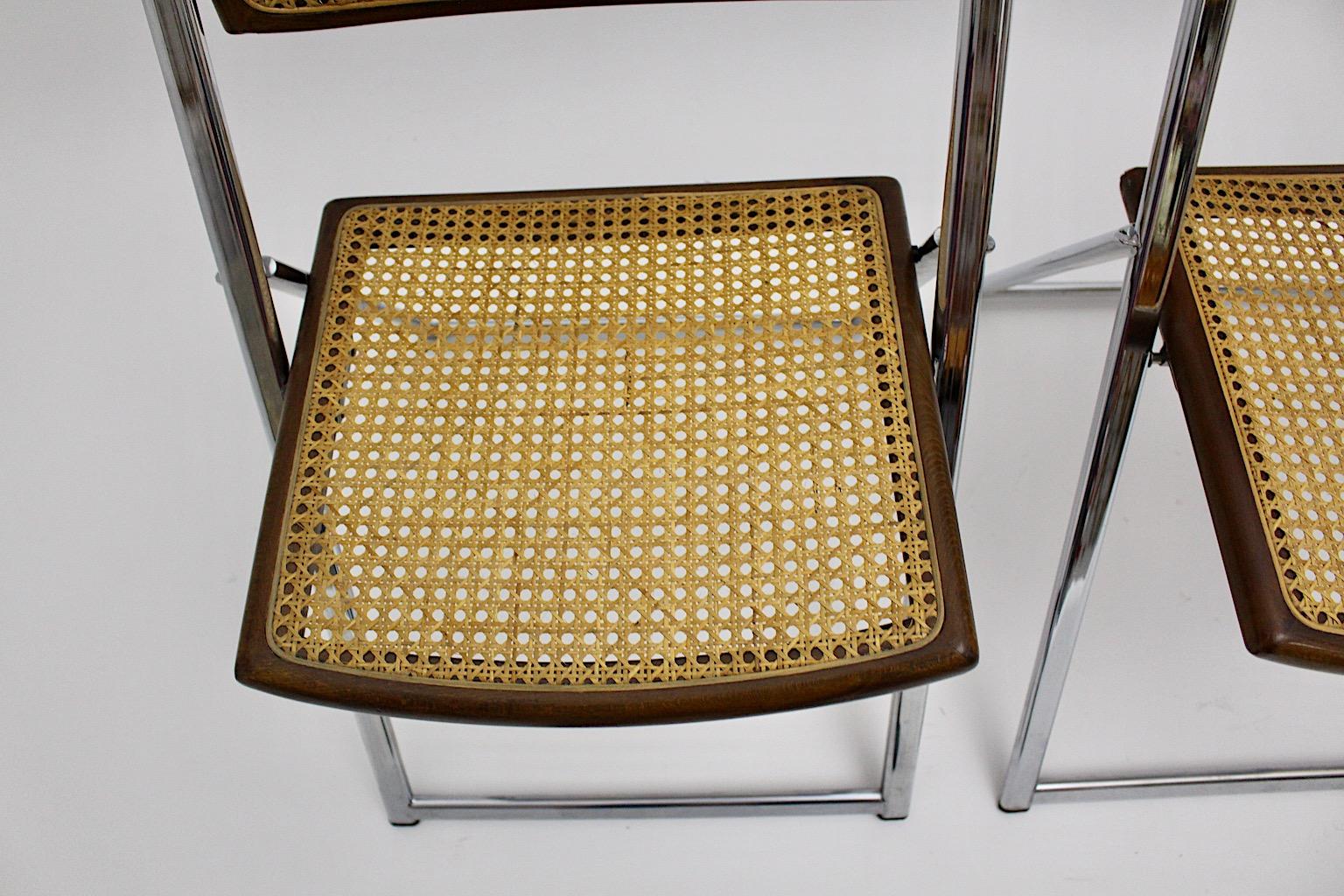 Modernist Organic Vintage Three Foldable Dining Chairs Beech Mesh Chrome, 1970s For Sale 4