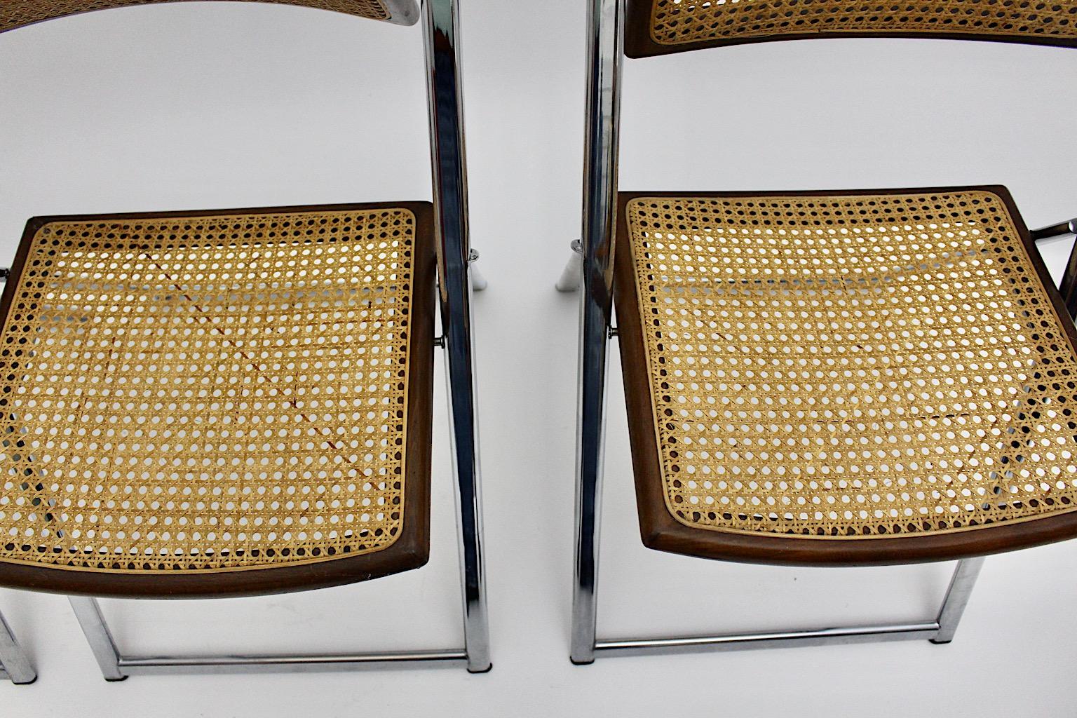 Modernist Organic Vintage Three Foldable Dining Chairs Beech Mesh Chrome, 1970s For Sale 5