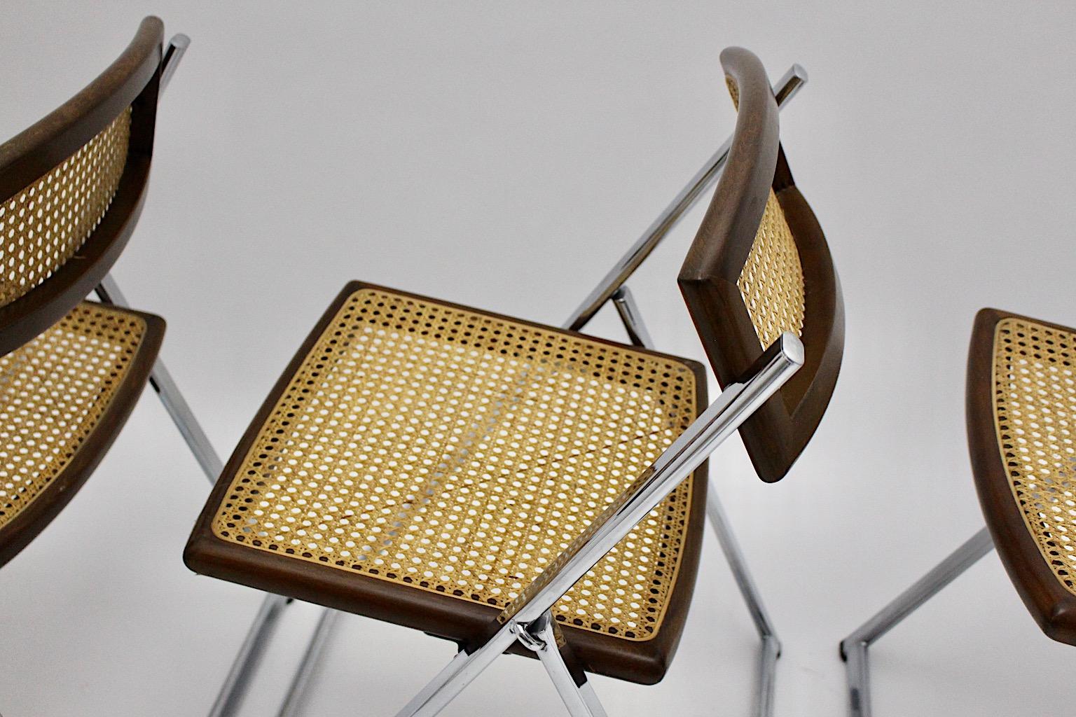 Modernist Organic Vintage Three Foldable Dining Chairs Beech Mesh Chrome, 1970s For Sale 6