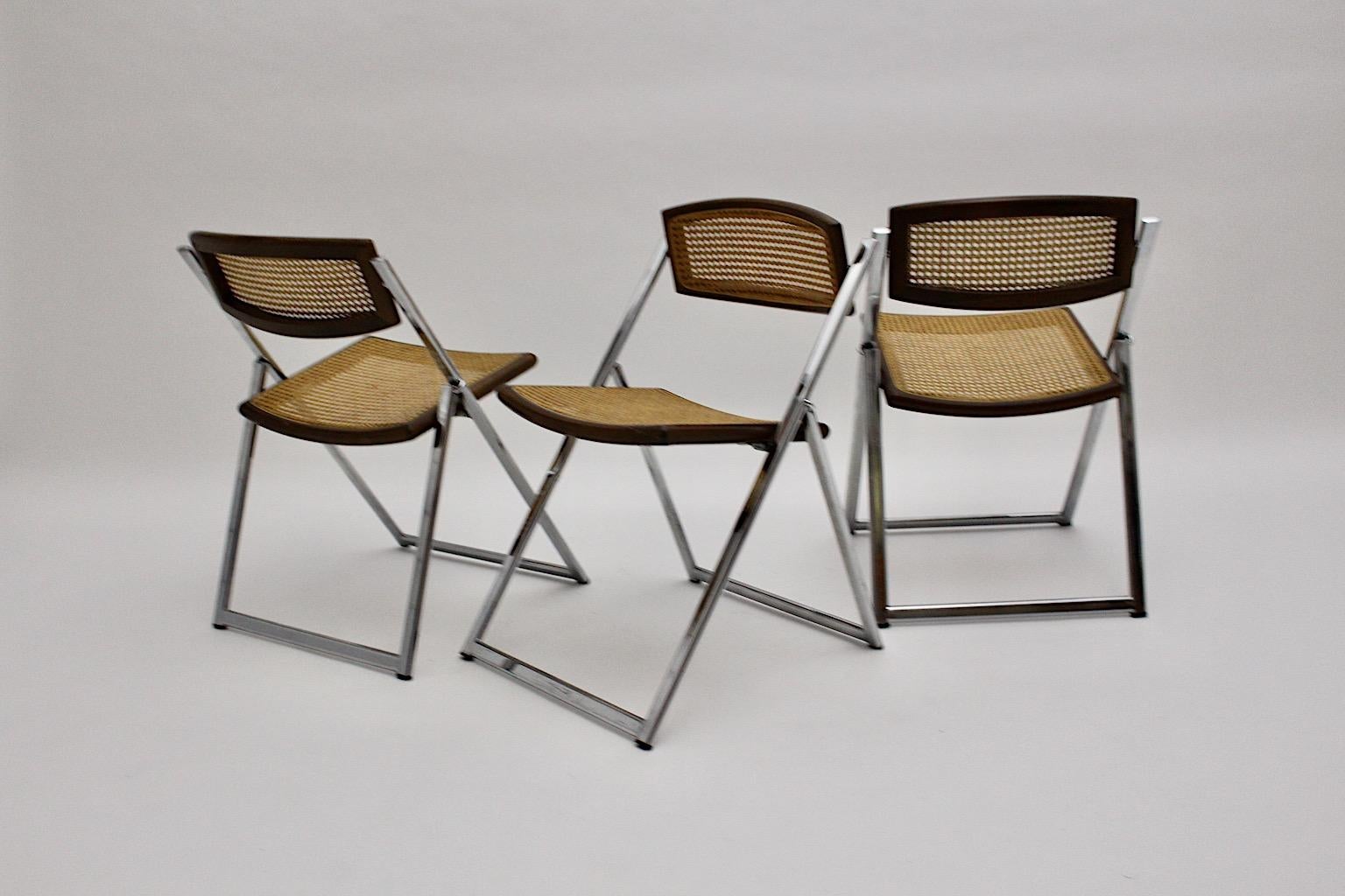 Modernist Organic Vintage Three Foldable Dining Chairs Beech Mesh Chrome, 1970s For Sale 7