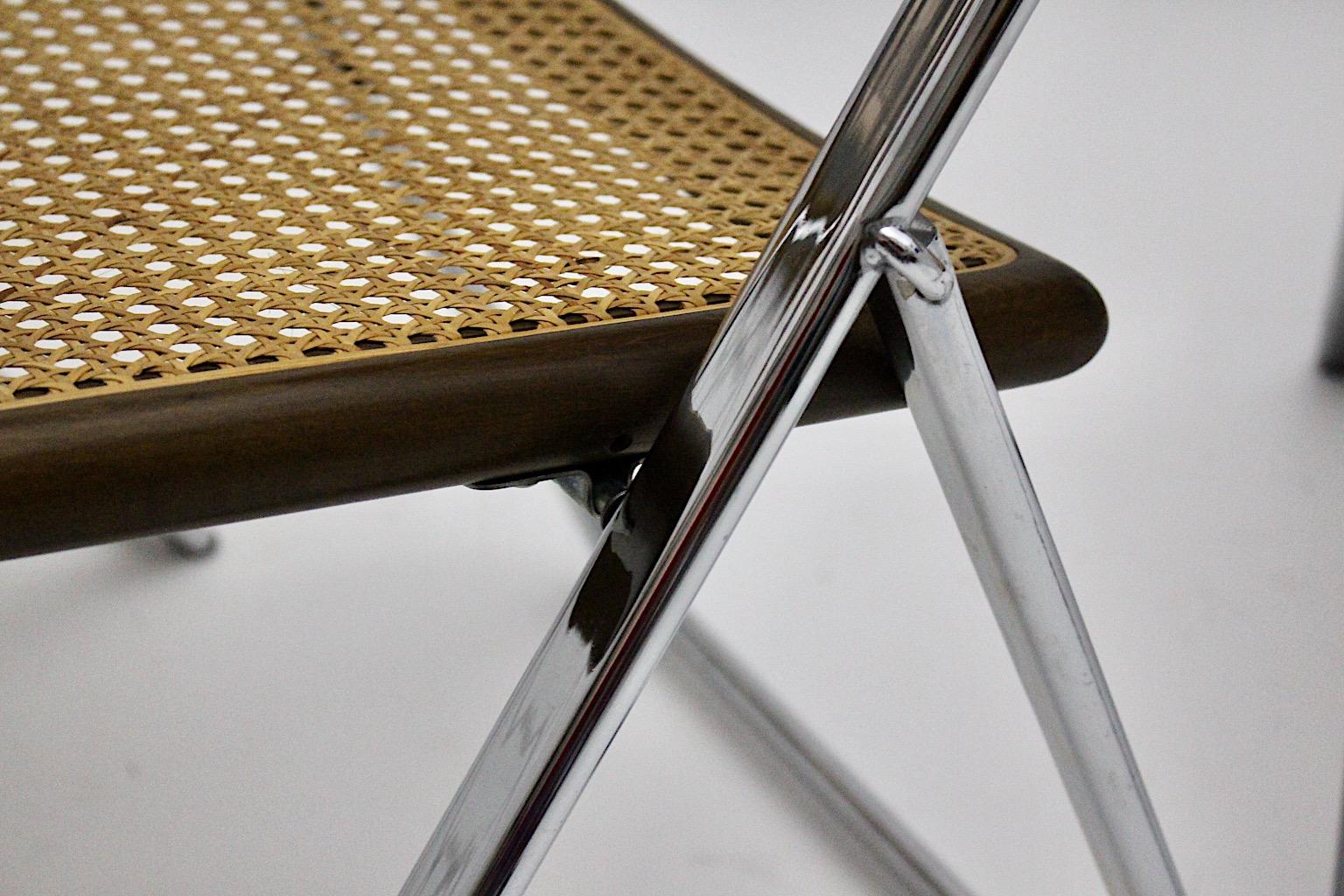 Modernist Organic Vintage Three Foldable Dining Chairs Beech Mesh Chrome, 1970s For Sale 8