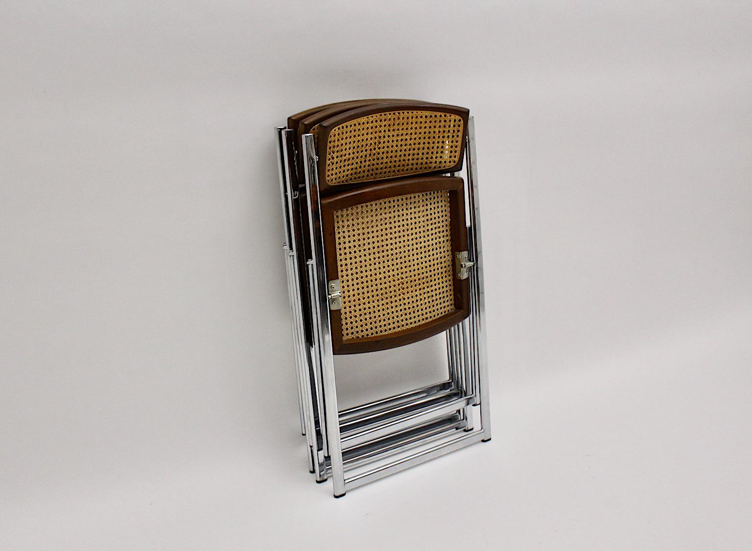Modernist Organic Vintage Three Foldable Dining Chairs Beech Mesh Chrome, 1970s For Sale 10