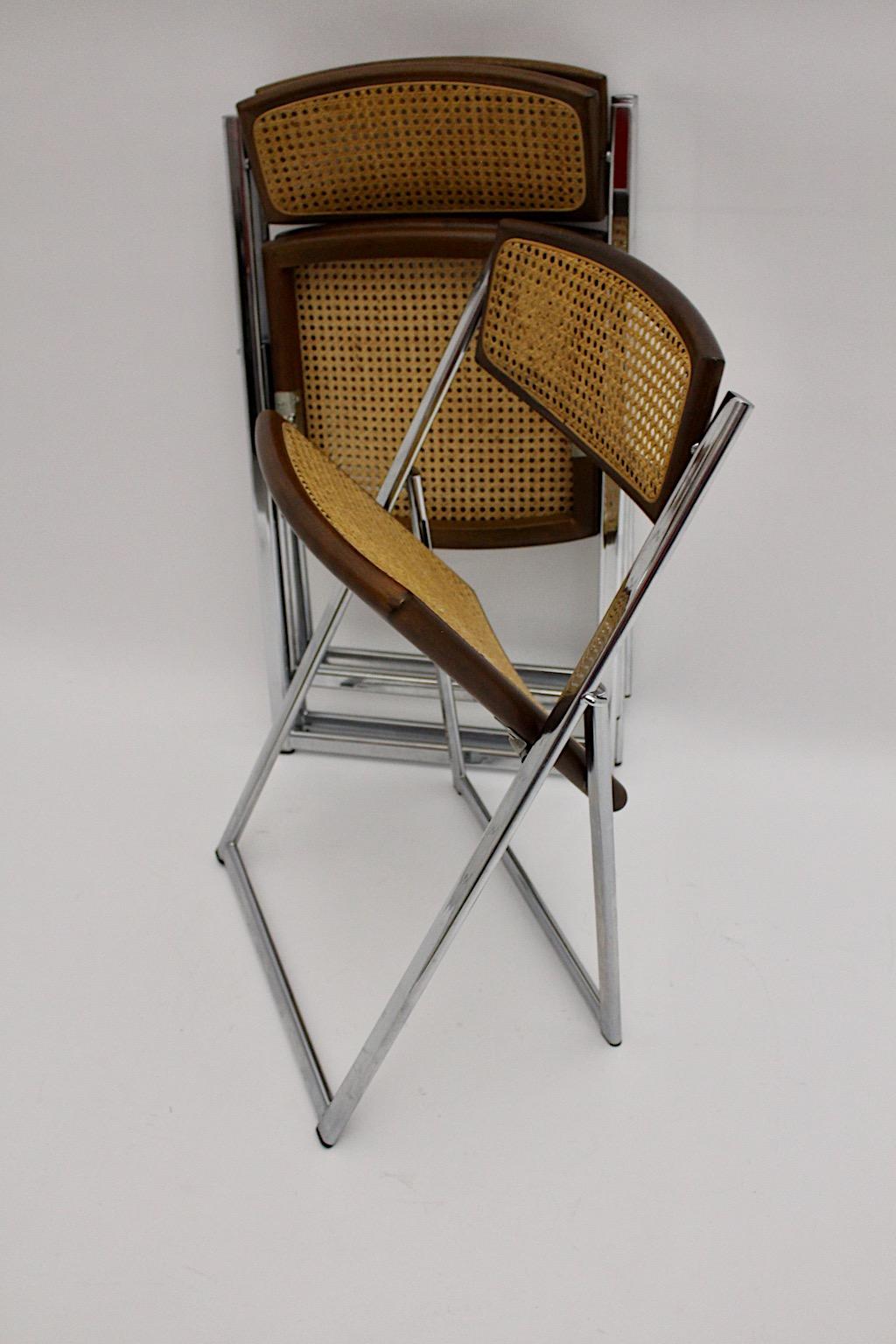 Modernist Organic Vintage Three Foldable Dining Chairs Beech Mesh Chrome, 1970s For Sale 11