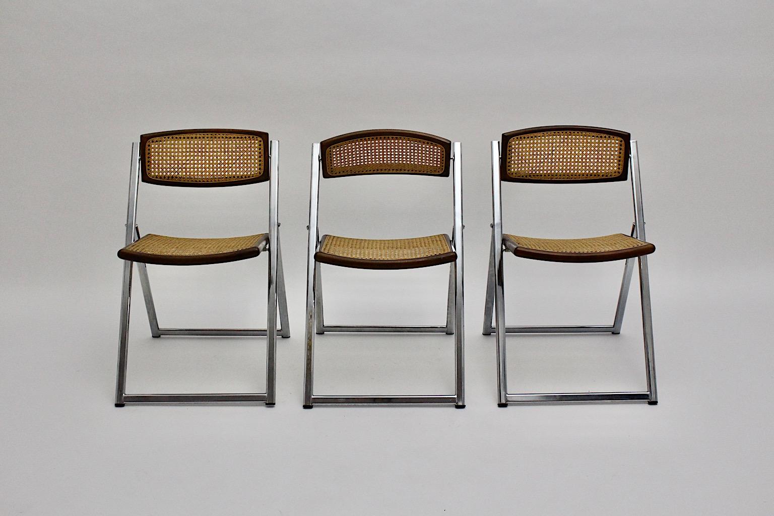 Late 20th Century Modernist Organic Vintage Three Foldable Dining Chairs Beech Mesh Chrome, 1970s For Sale
