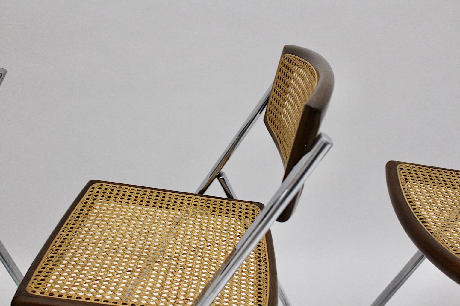 Metal Modernist Organic Vintage Three Foldable Dining Chairs Beech Mesh Chrome, 1970s For Sale